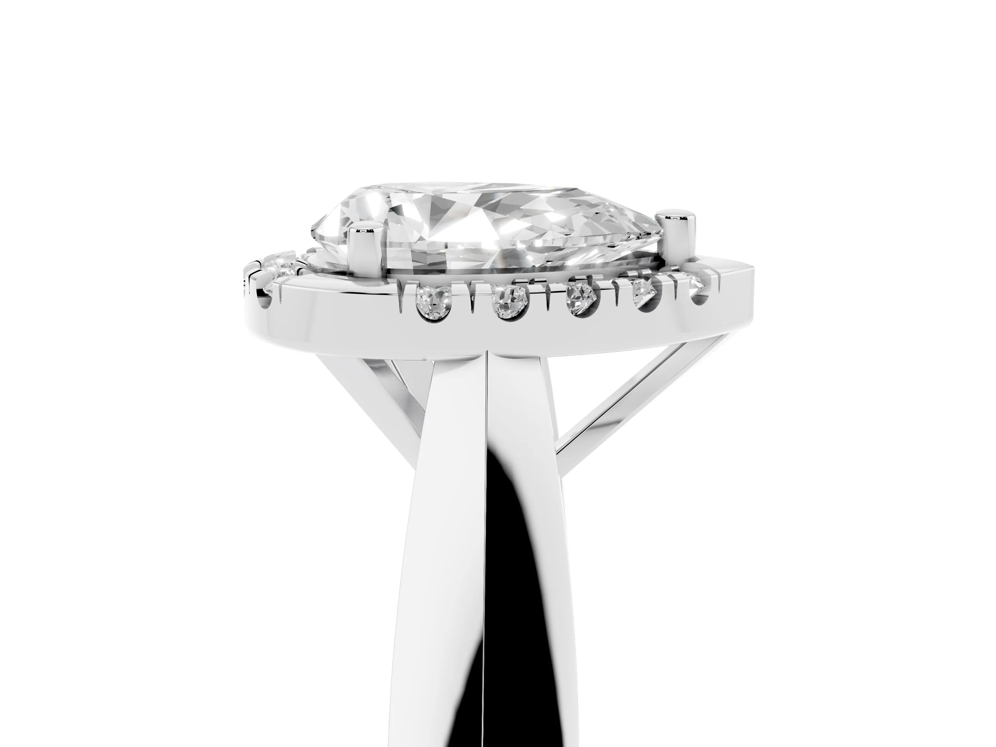 Pear Cut Diamond Halo Solitaire Engagement Ring Set in Platinum with Square Band and Prong Setting