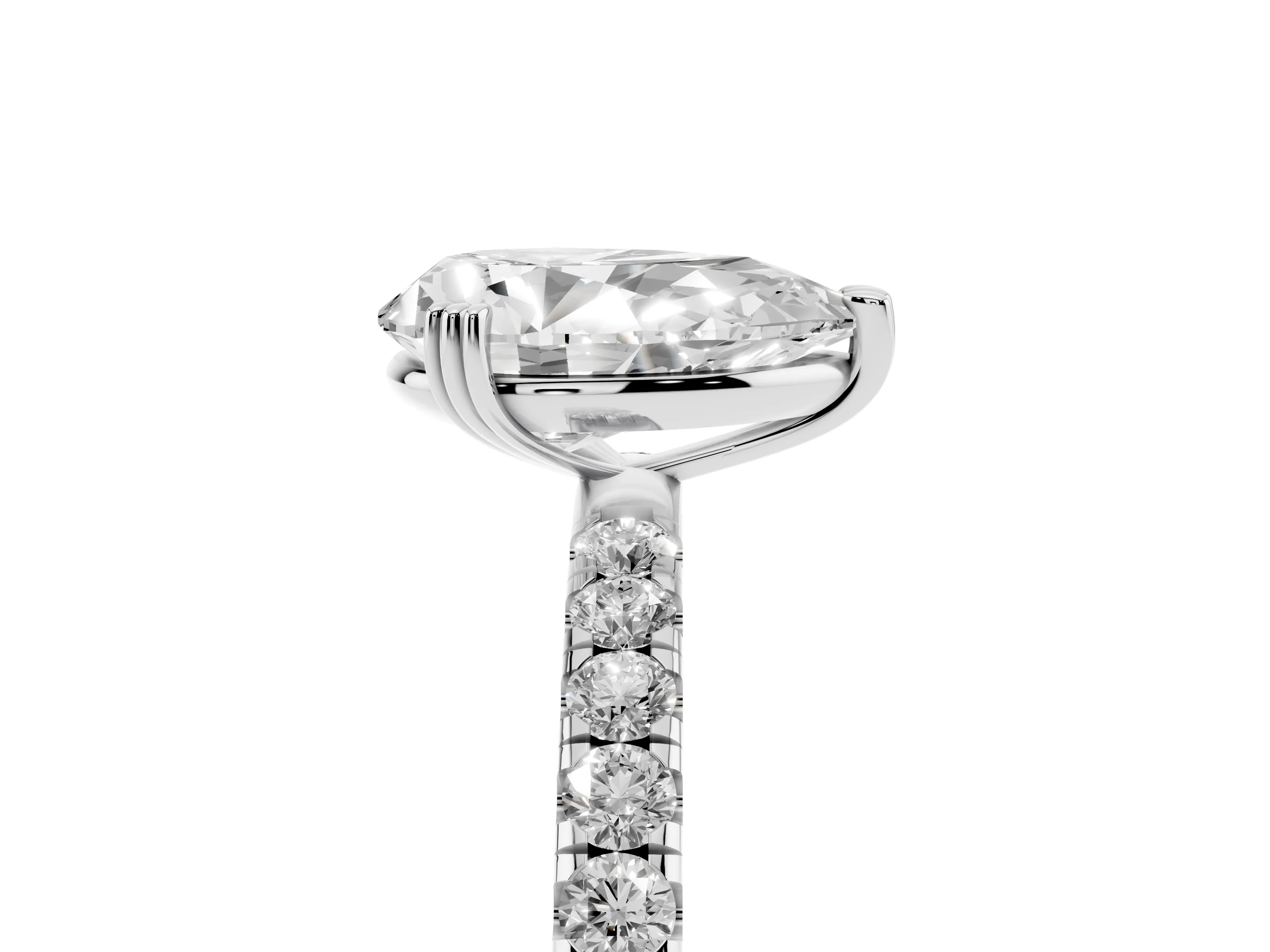 Pear Cut Diamond Brilliant Solitaire Set in White gold with Pavé Band and Claw Prong Setting
