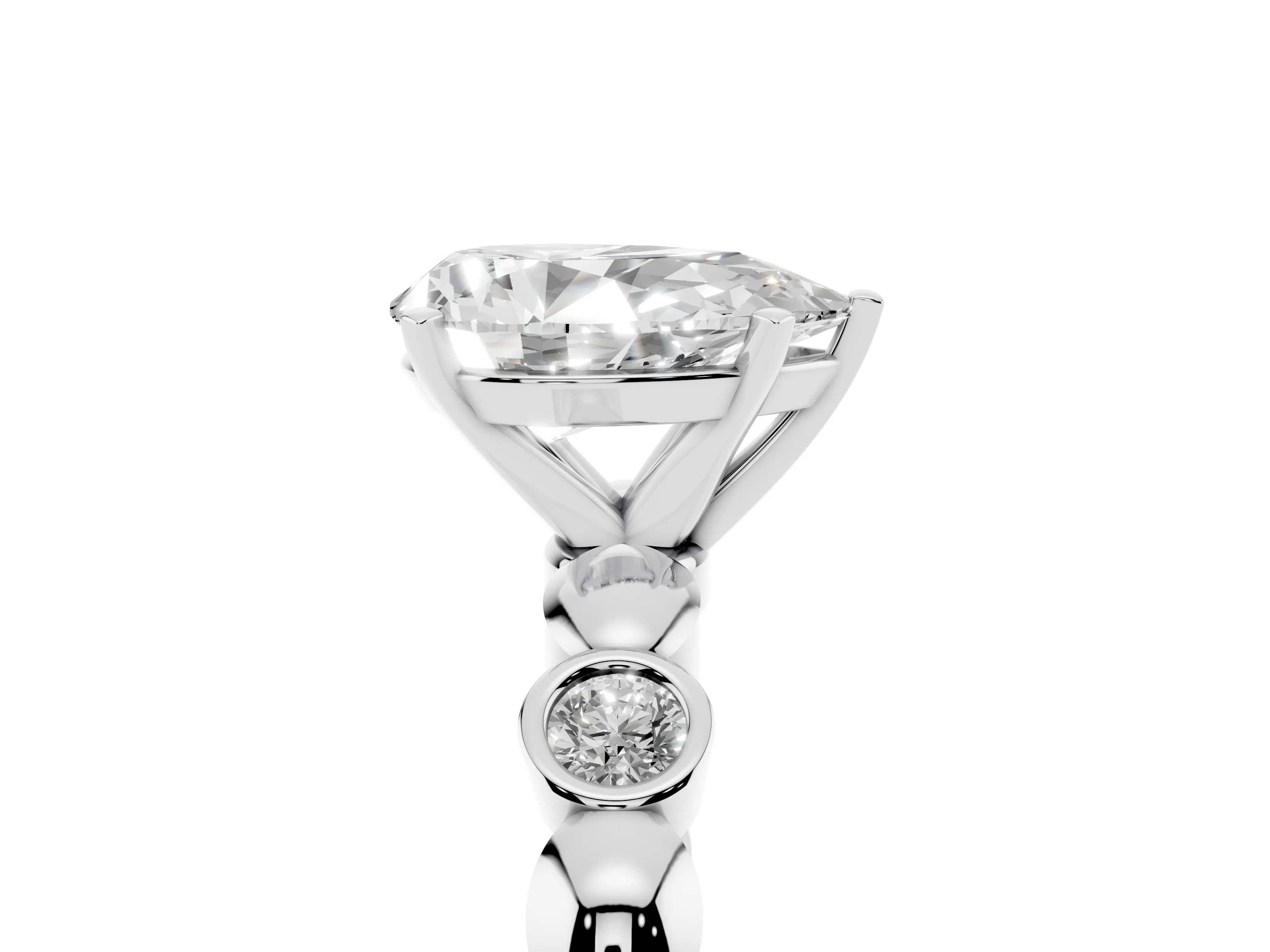 Pear Cut Diamond Solitaire Ring Set in White gold with Bezel-Set Accents on Beaded Band and Prong Setting
