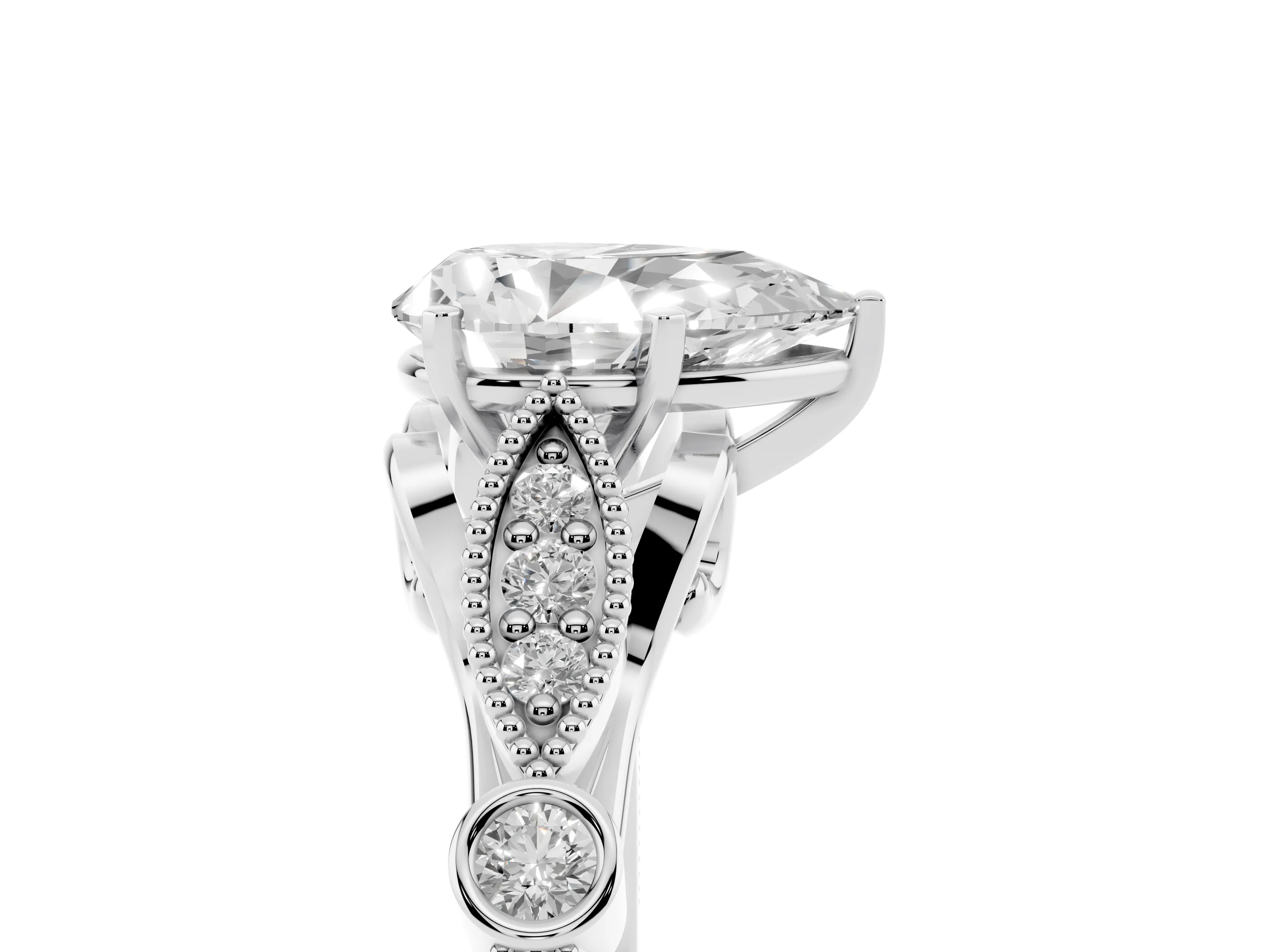 Pear Cut Diamond Solitaire Ring Set in Platinum with Milgrain Marquise and Bezel Accents