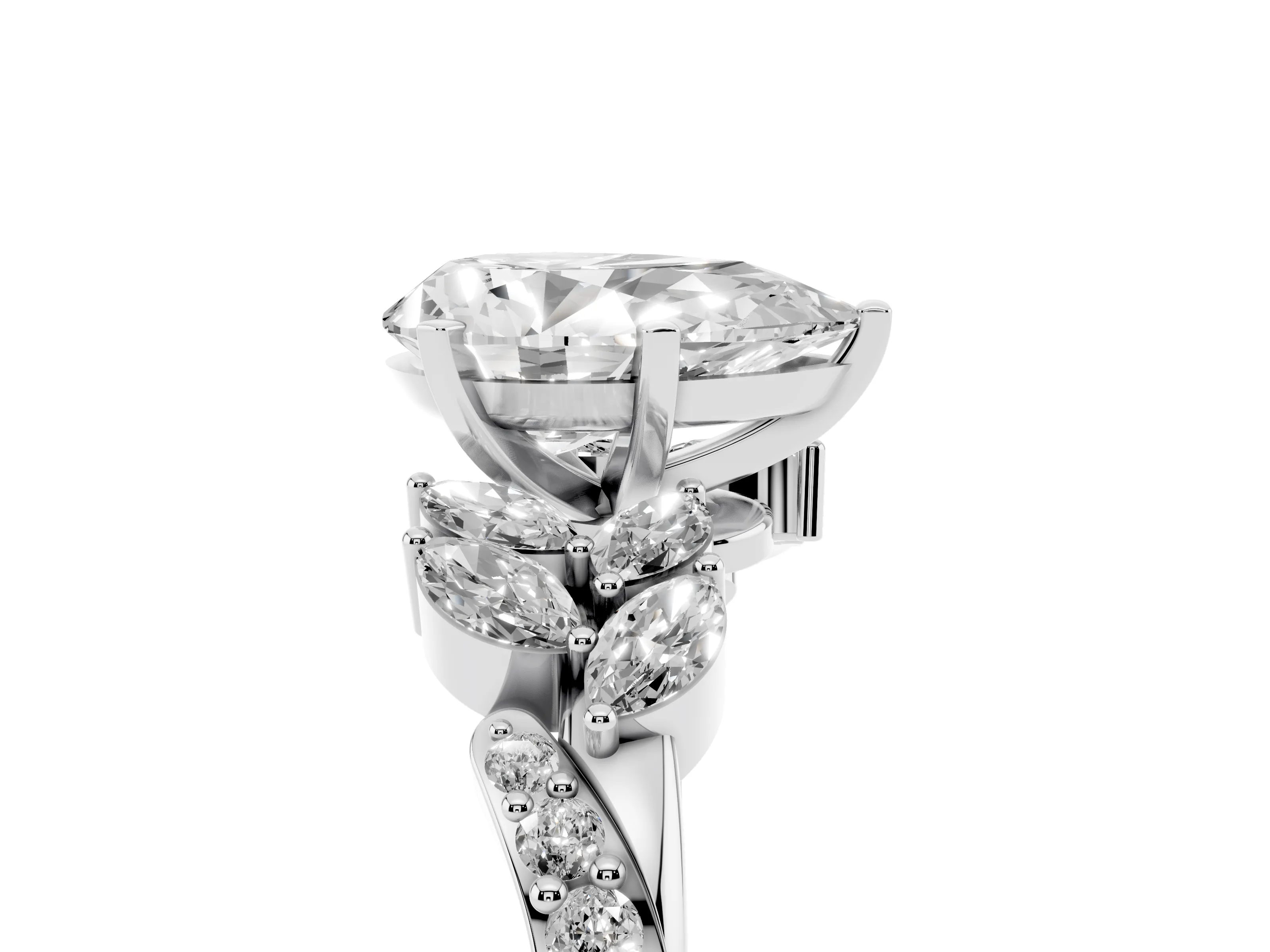 Pear Cut Diamond Solitaire Ring Set in Platinum with Marquise Twist Band and Prong Setting