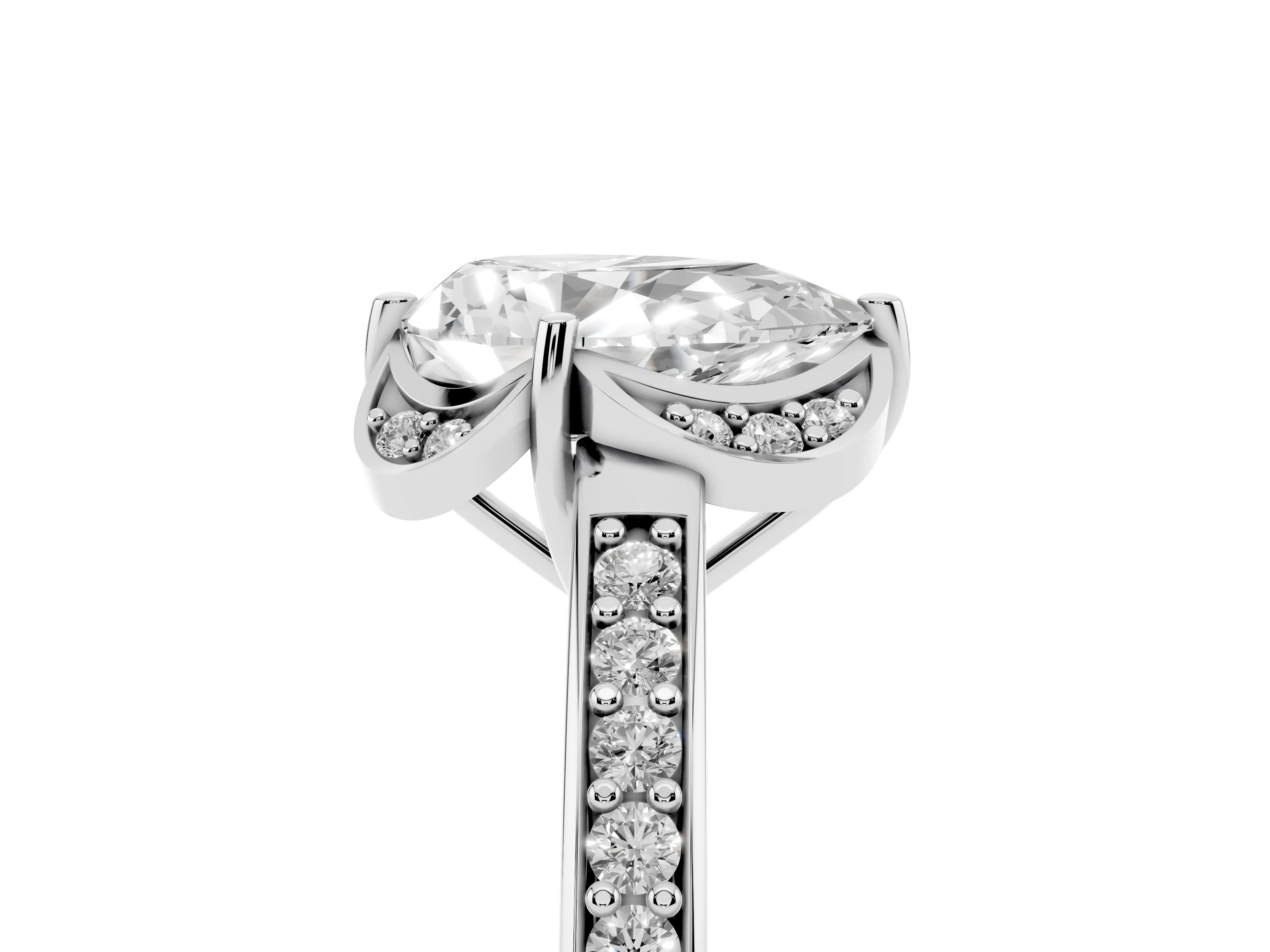 Pear Cut Diamond Halo Ring Set in Platinum with Channel Set Band and Prong Setting