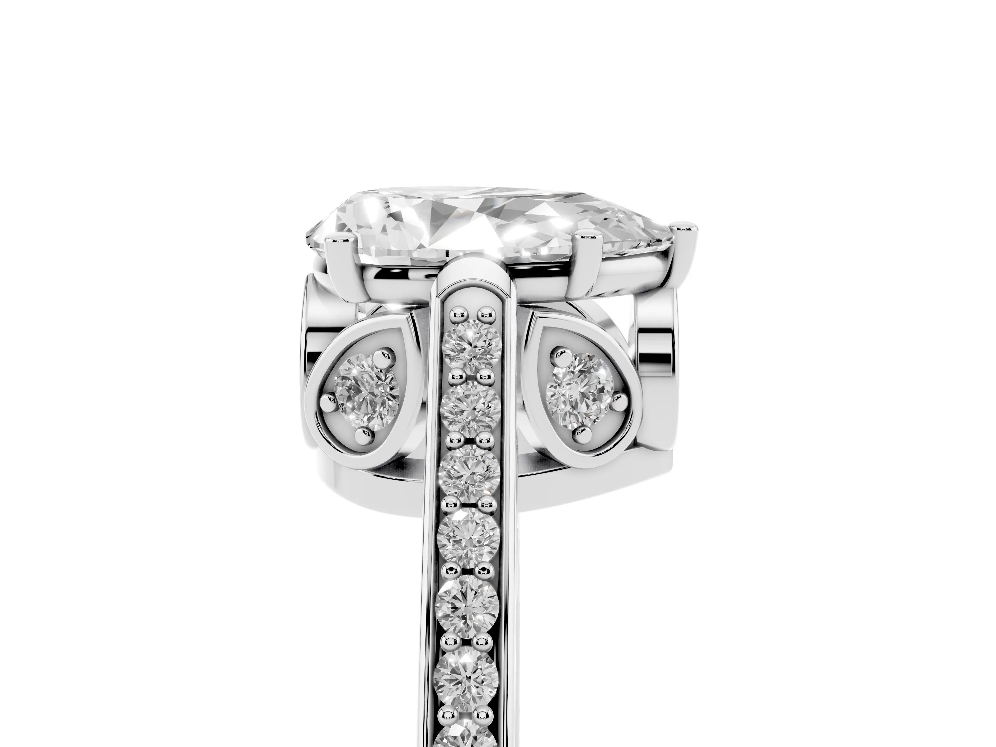 Pear Cut Diamond Cathedral Pavé Engagement Ring Set in Platinum with Prong Setting