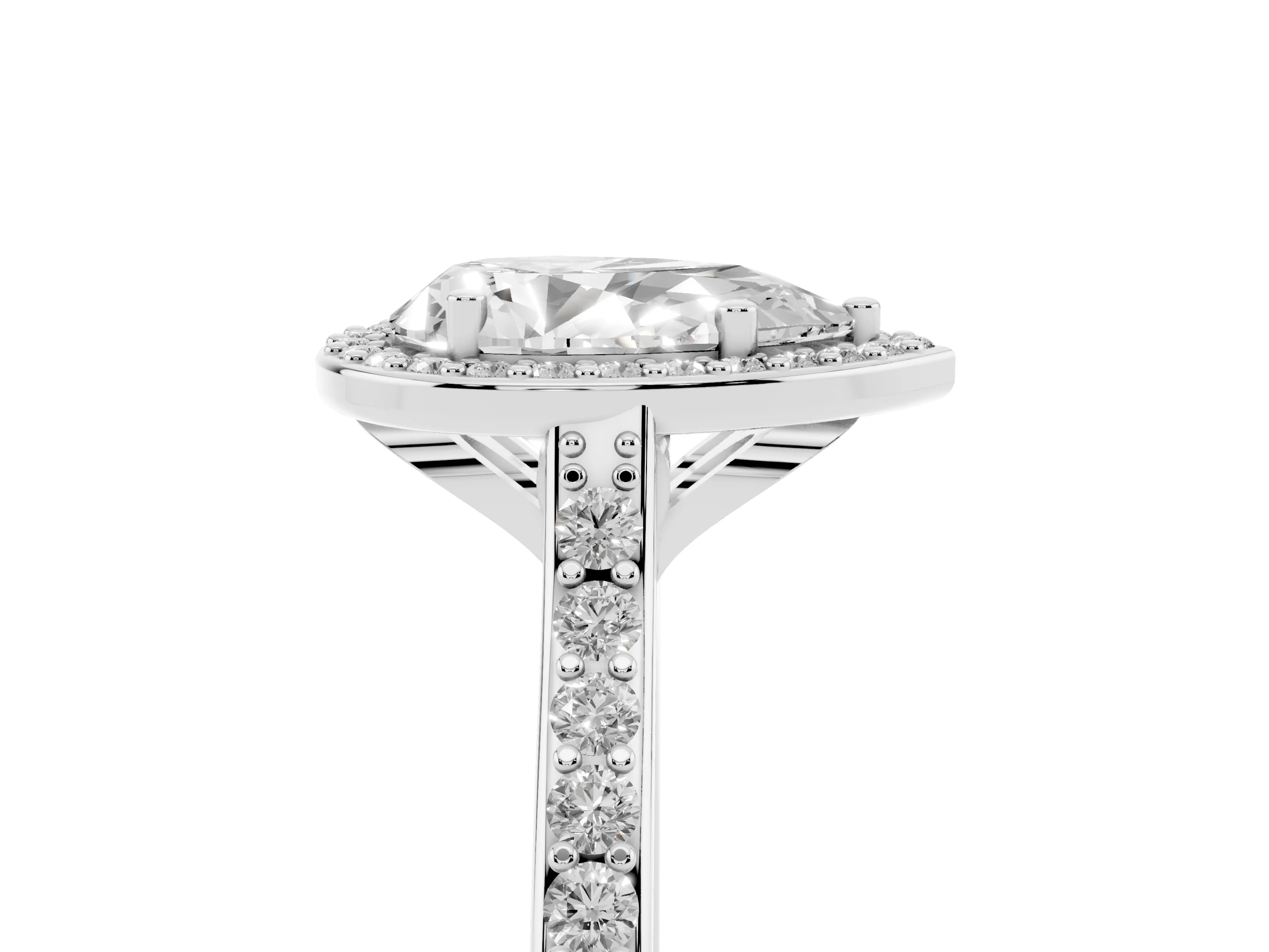 Pear Cut Diamond Halo Engagement Ring Set in White gold with Round Pavé Shoulders and Heart Gallery