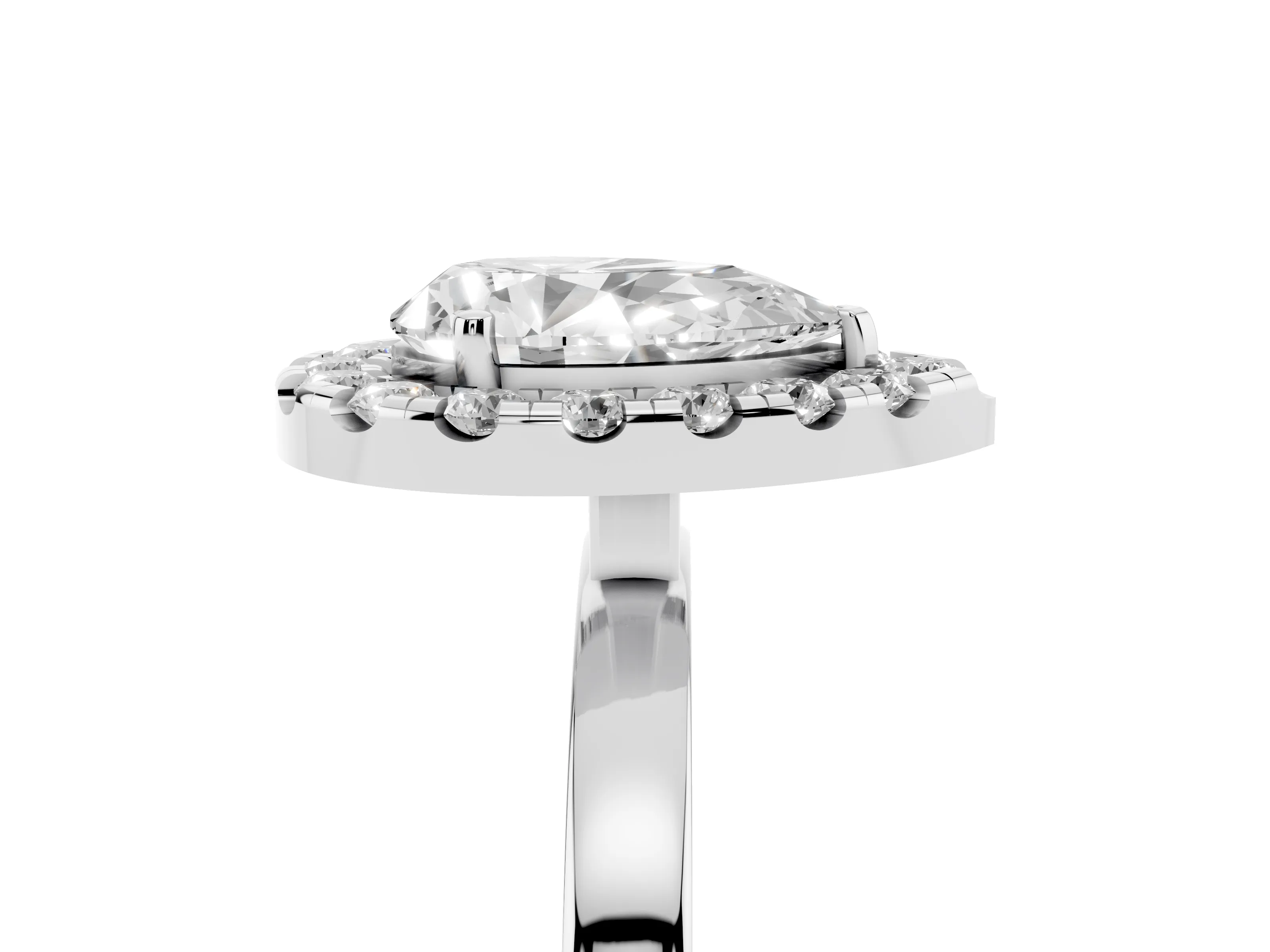 Pear Cut Diamond Halo Solitaire Ring Set in White gold with Pavé Band and Prong Setting