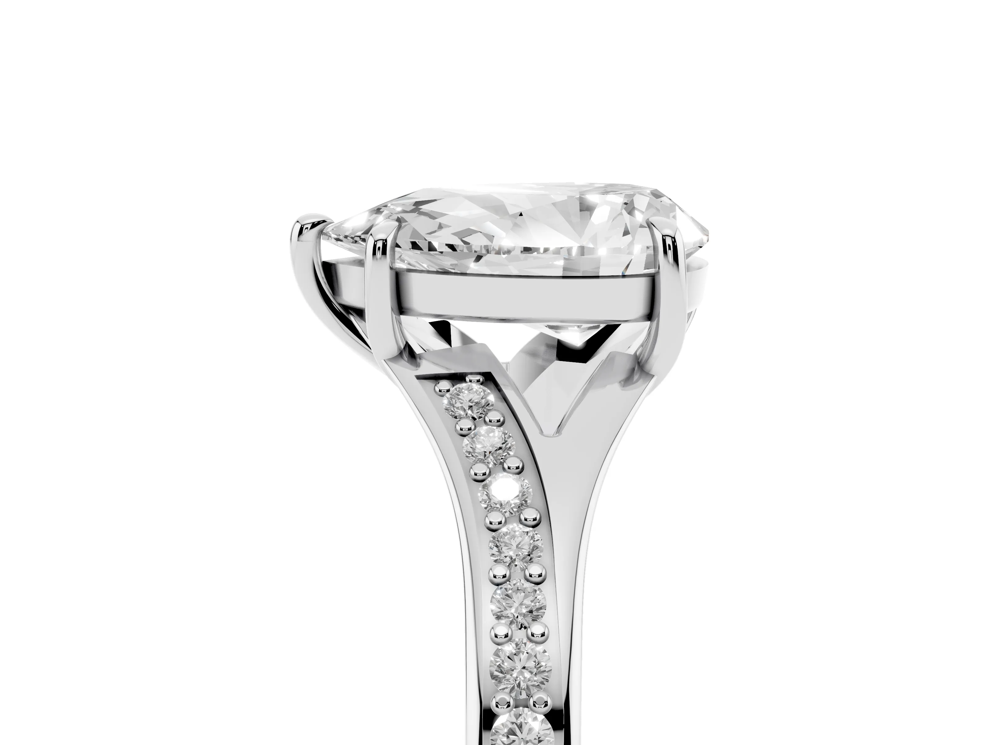 Pear Cut Diamond Solitaire Ring Set in Platinum with Pavé Accent Band and Classic Prong Setting