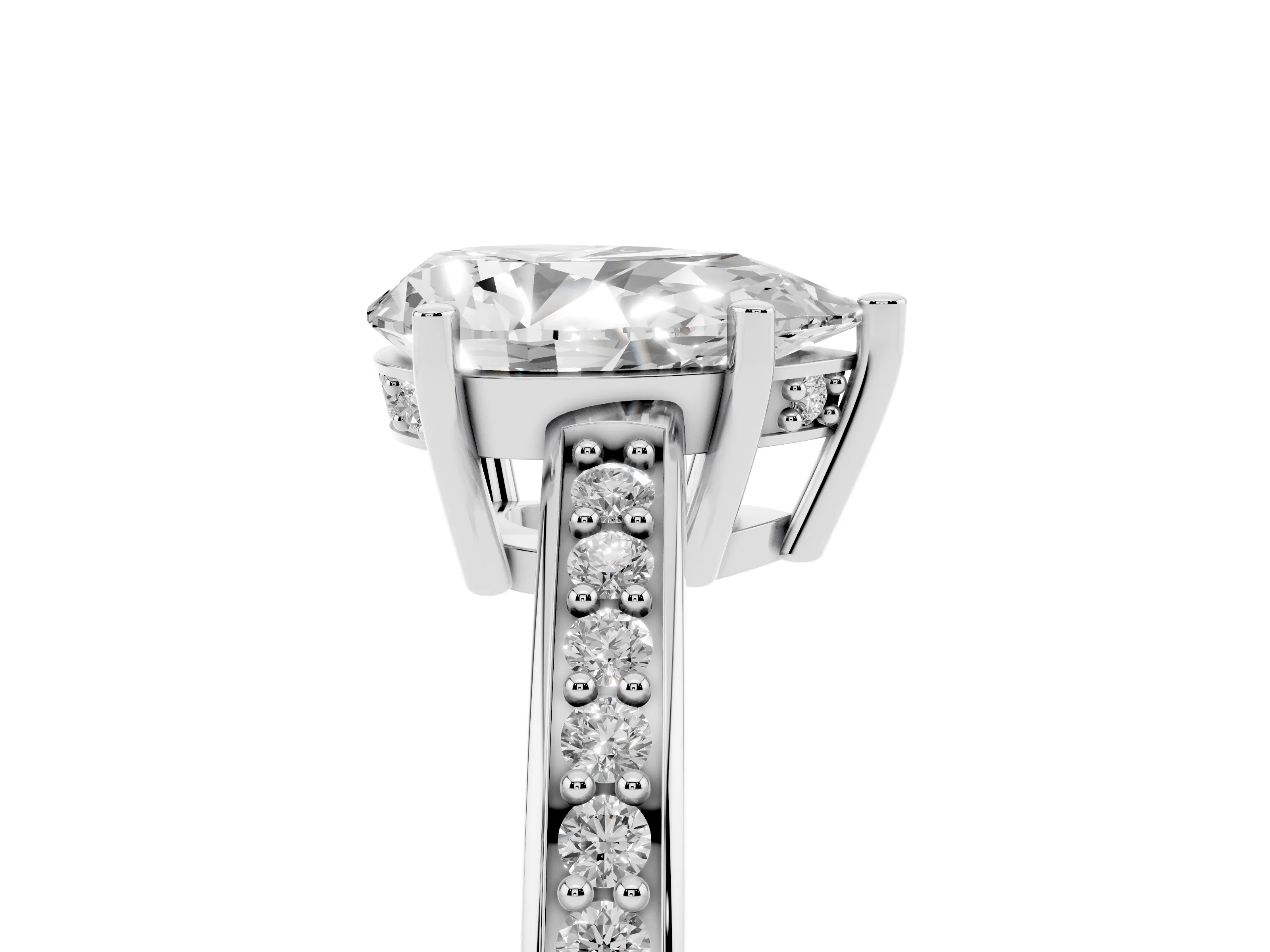 Pear Cut Diamond Pavé Band Prong Set Solitaire Ring Set in White gold