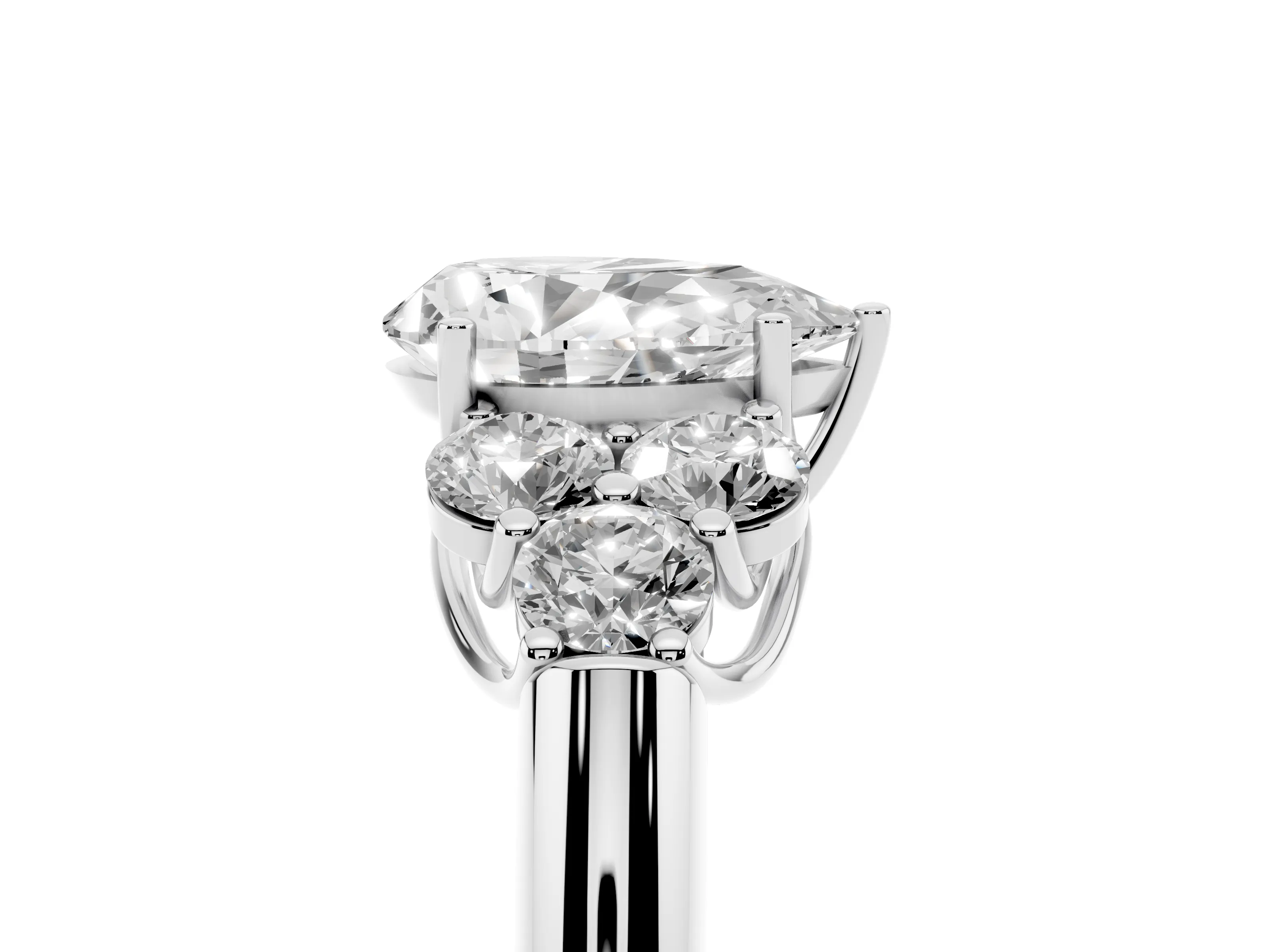 Pear Cut Diamond Cluster Ring Set in Platinum with Round Accent Stones and Prong Setting on a Plain Band