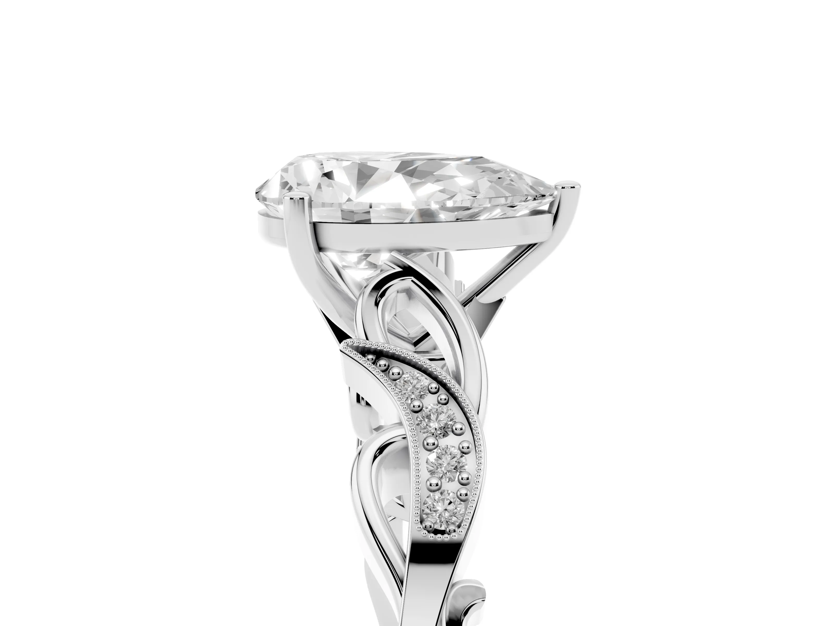 Pear Cut Diamond Vine Band Solitaire Ring Set in Silver with Milgrain Prong Setting