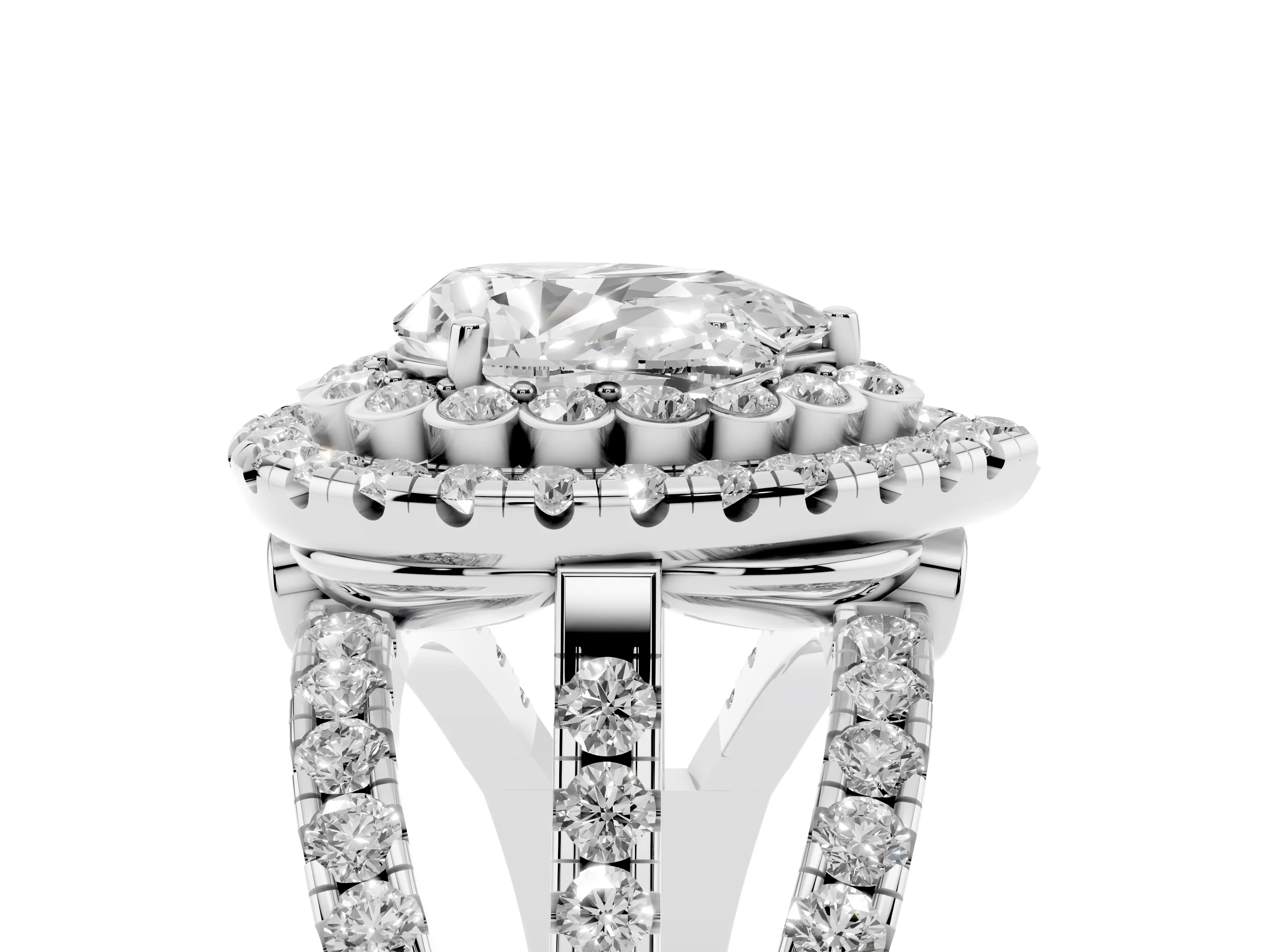 Pear Cut Diamond Double Halo Ring Set in Silver with Round Pavé Split Shank