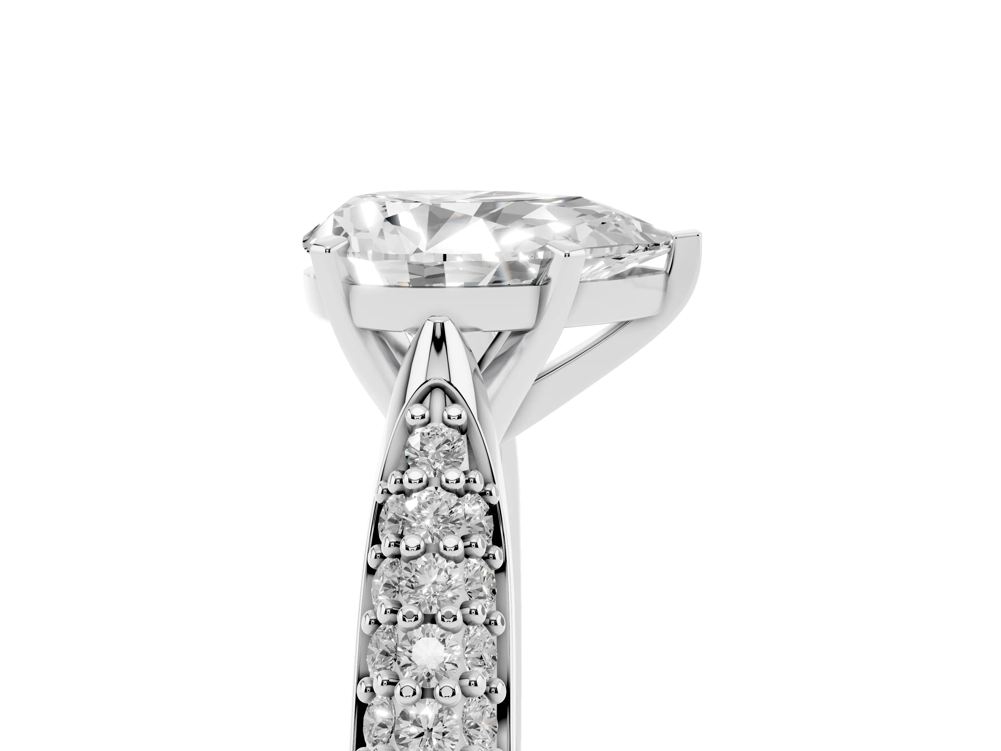 Pear Cut Diamond Solitaire Engagement Ring Set in Platinum with Multi-Row Round Pavé Band and Prong Setting