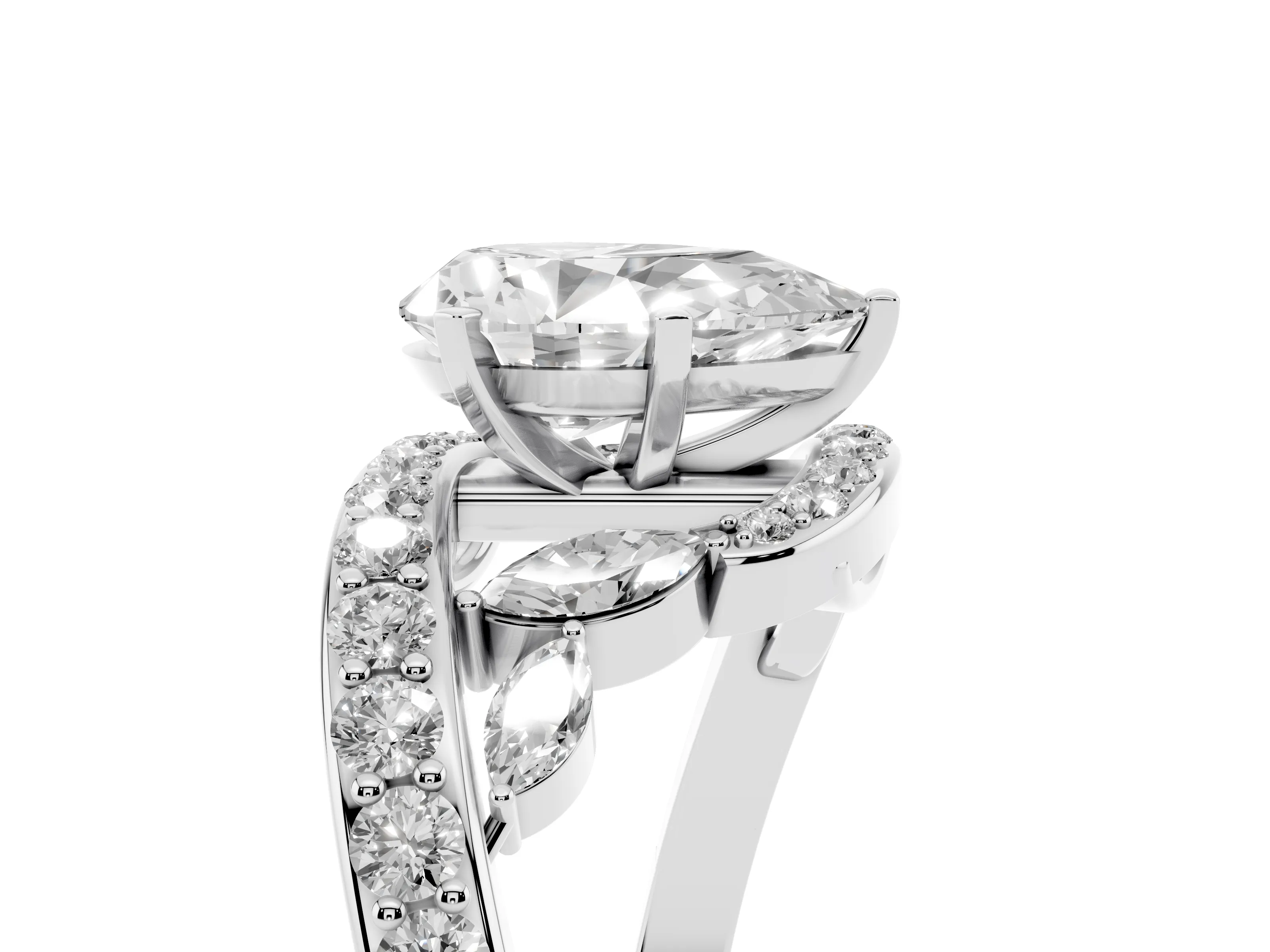 Pear Cut Diamond Solitaire Ring Set in Platinum with Pavé Twist Band and Secure Prong Setting