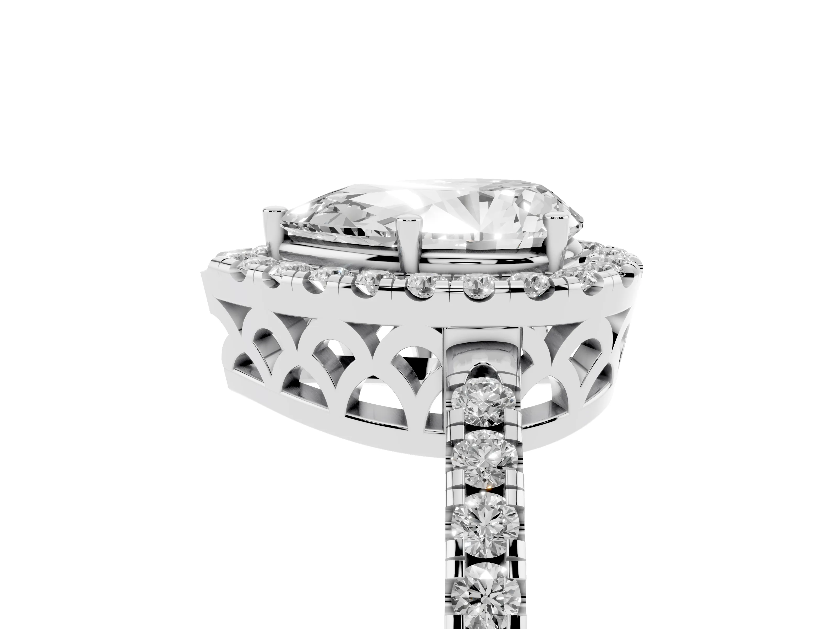 Pear Cut Diamond Pavé Band Halo Engagement Ring Set in Silver with Prong Setting