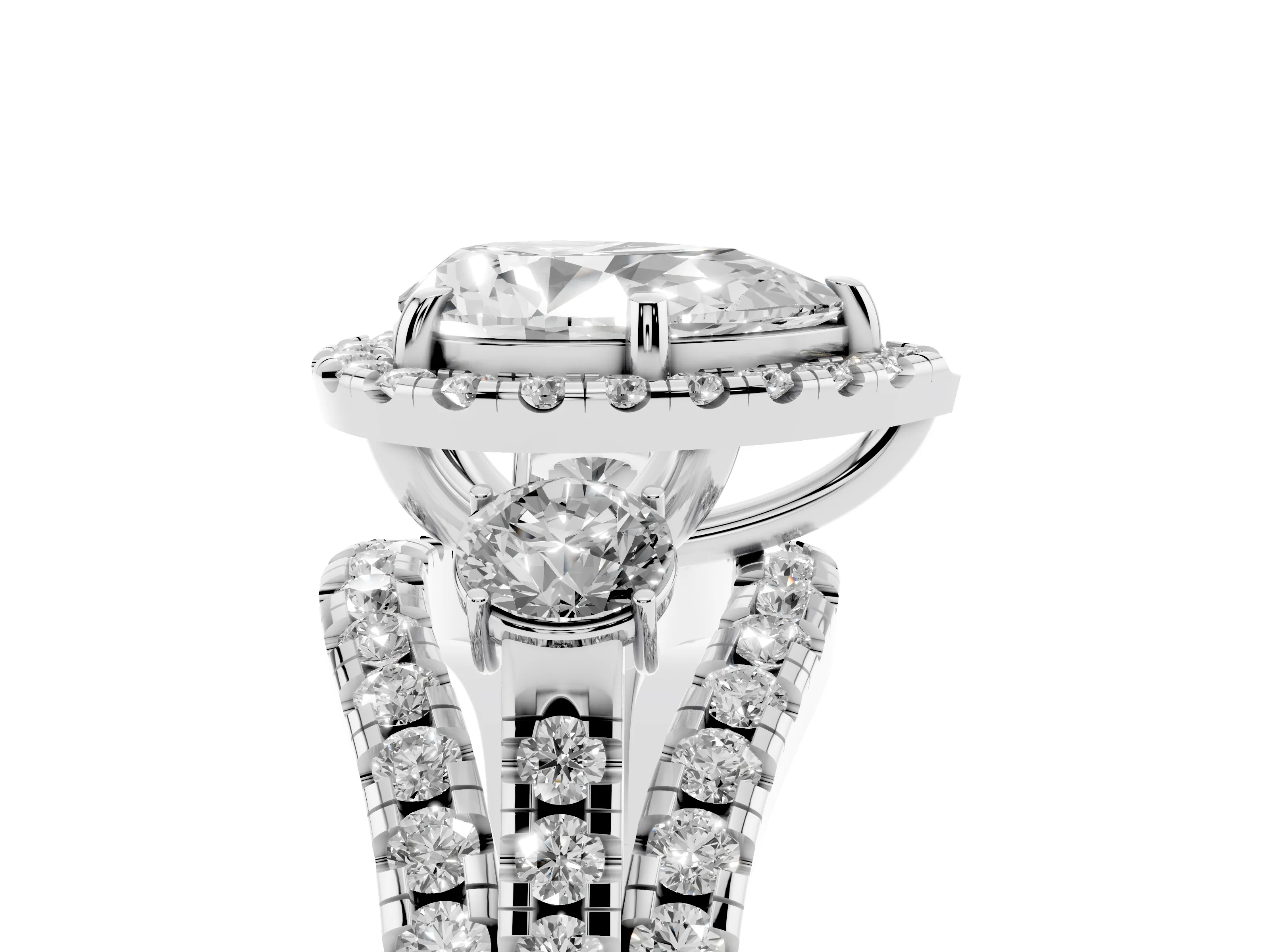 Pear Cut Diamond Halo Split Shank Ring Set in Silver with Round Accent Stones and Prong Setting