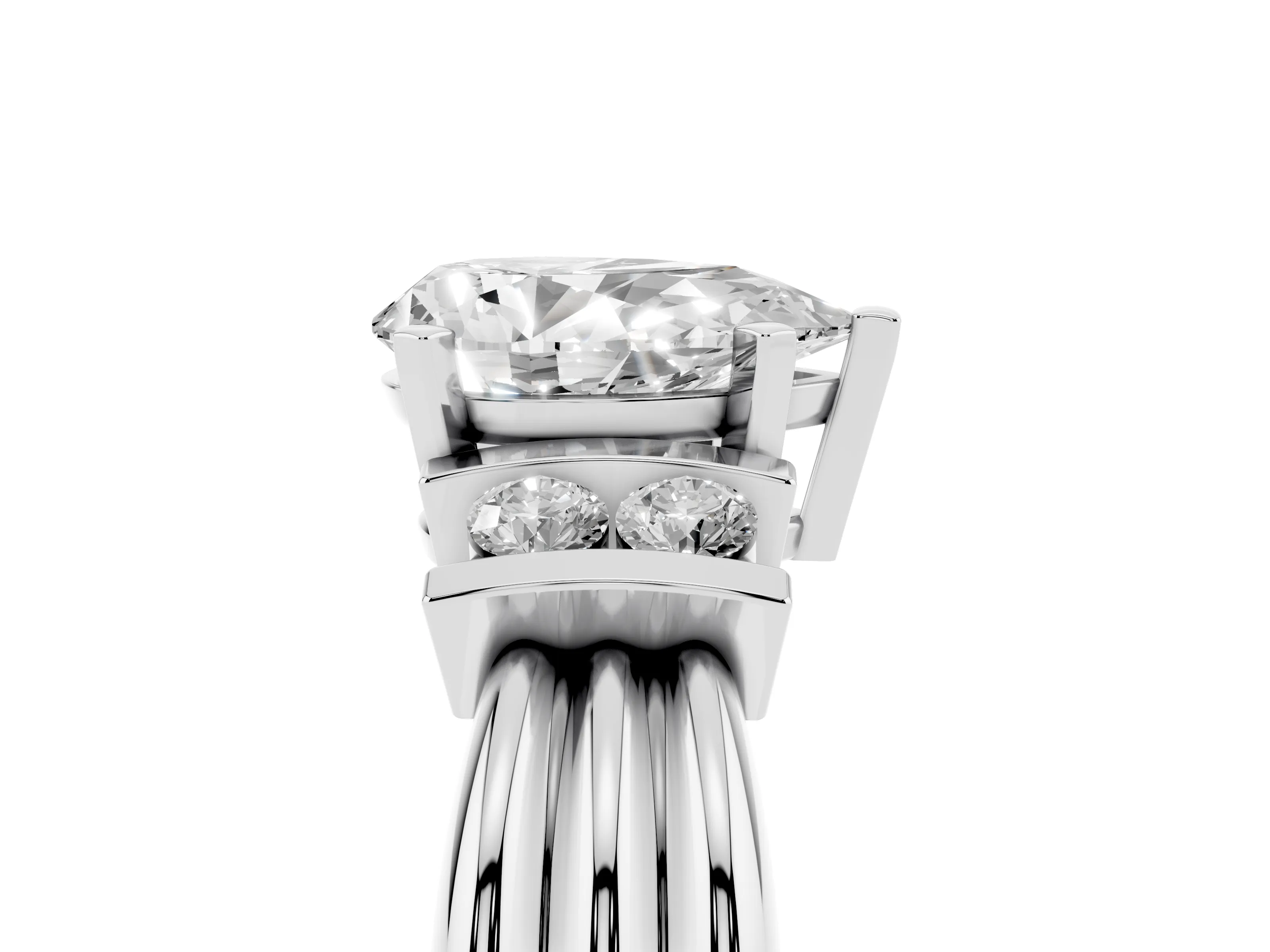 Three-Stone Pear Cut Diamond Channel Set Ring Set in White gold with Bar Prongs