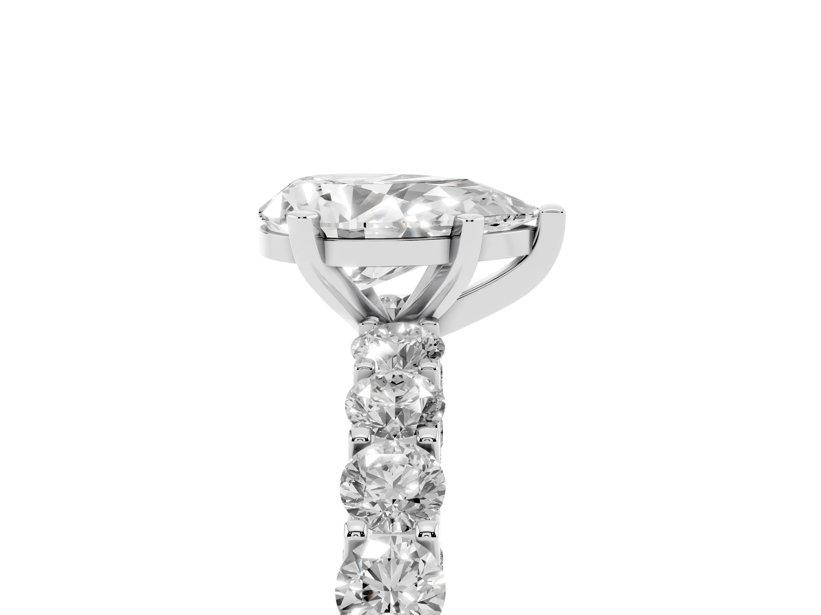 Pear Cut Diamond Solitaire Ring Set in Platinum with Shared Prong Pavé Band
