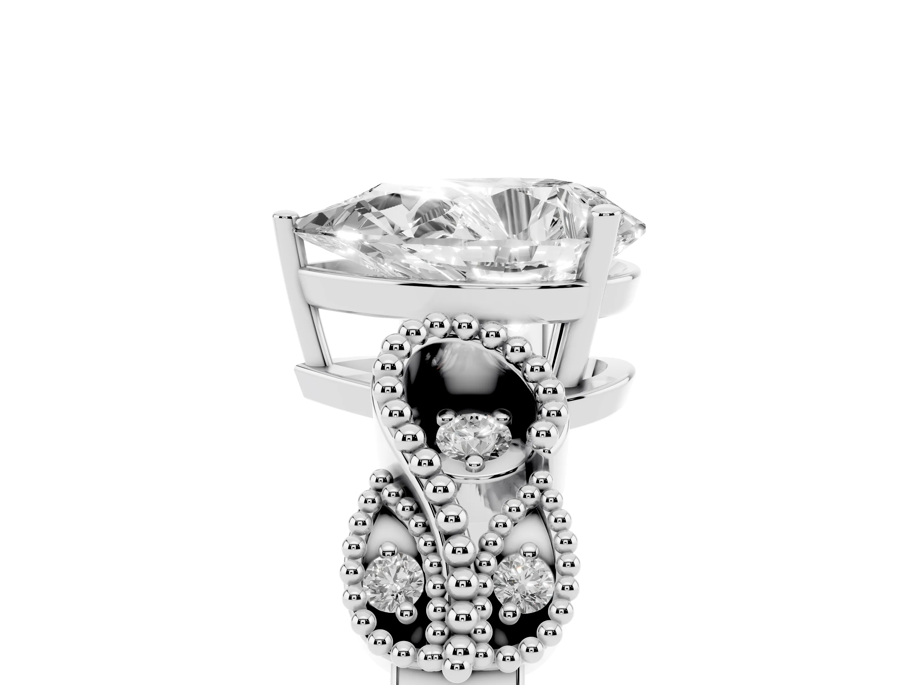 Pear Cut Diamond Milgrain Leaf Band Solitaire Ring Set in White gold with Accent Stones and Prong Setting