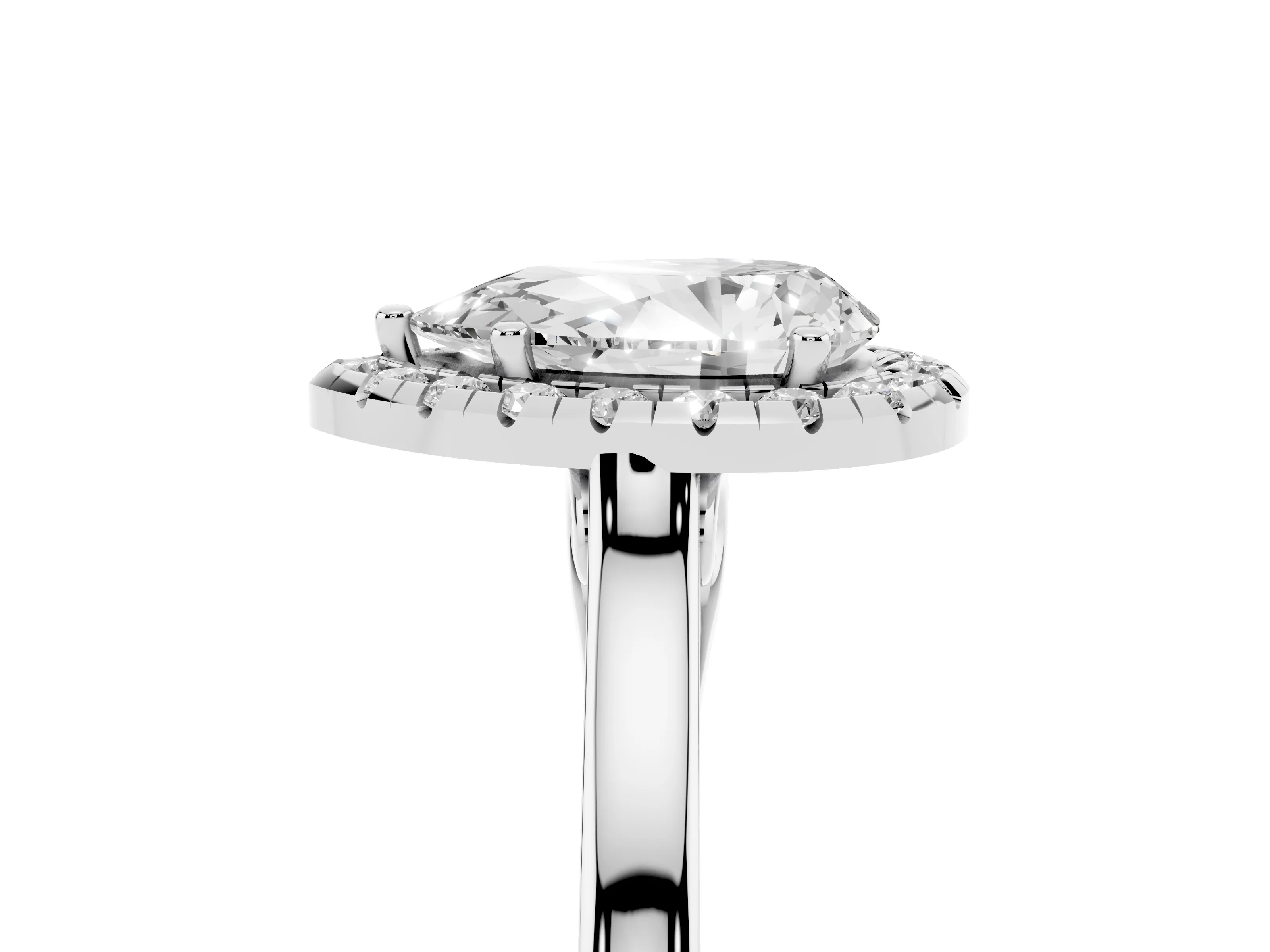 Pear Cut Halo Round Diamond Solitaire Ring Set in Platinum with Pavé Band and Prong Setting