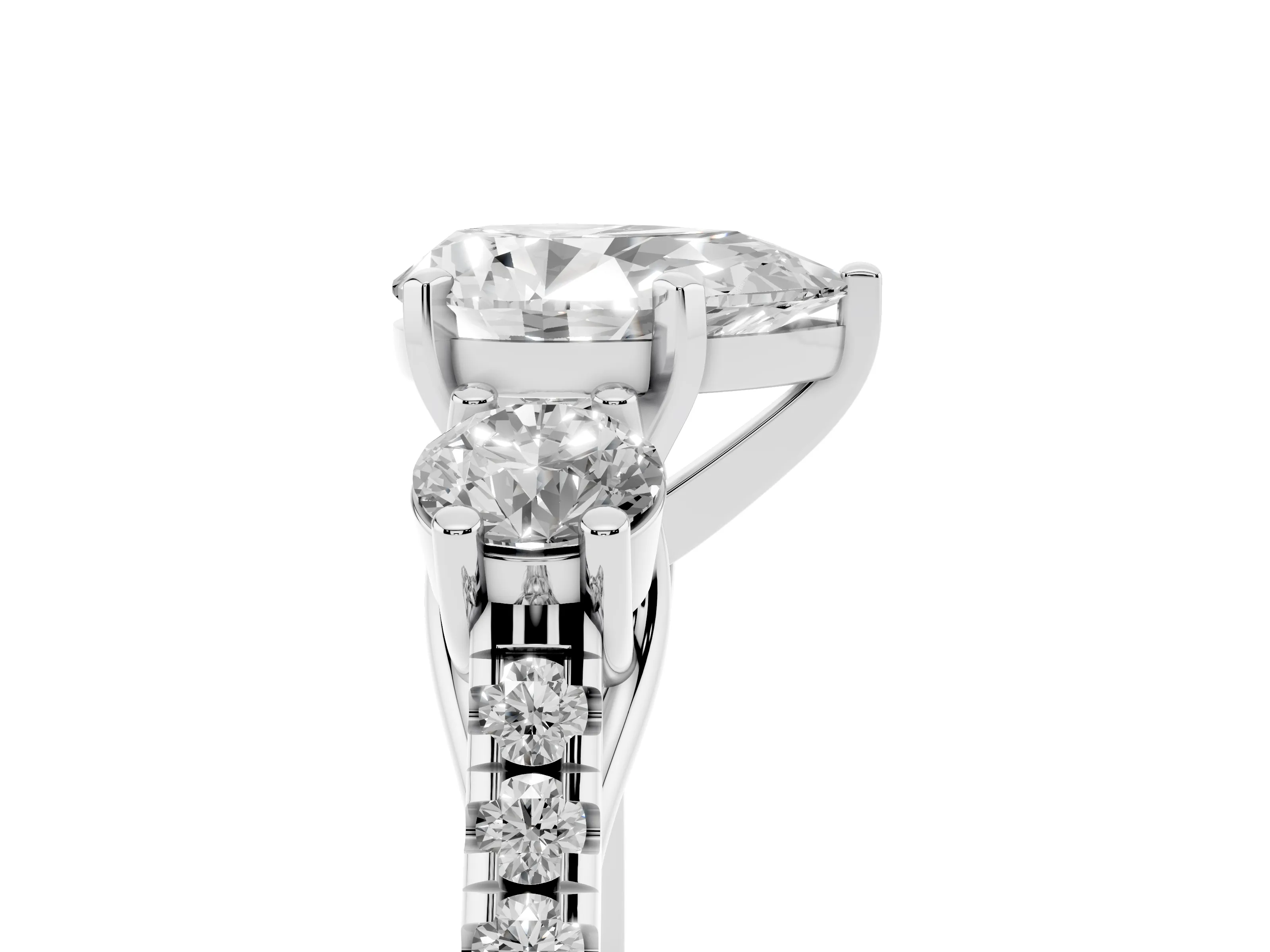 Three-Stone Pear Cut Diamond Pavé Band Ring Set in Silver with Prong-Set Trio