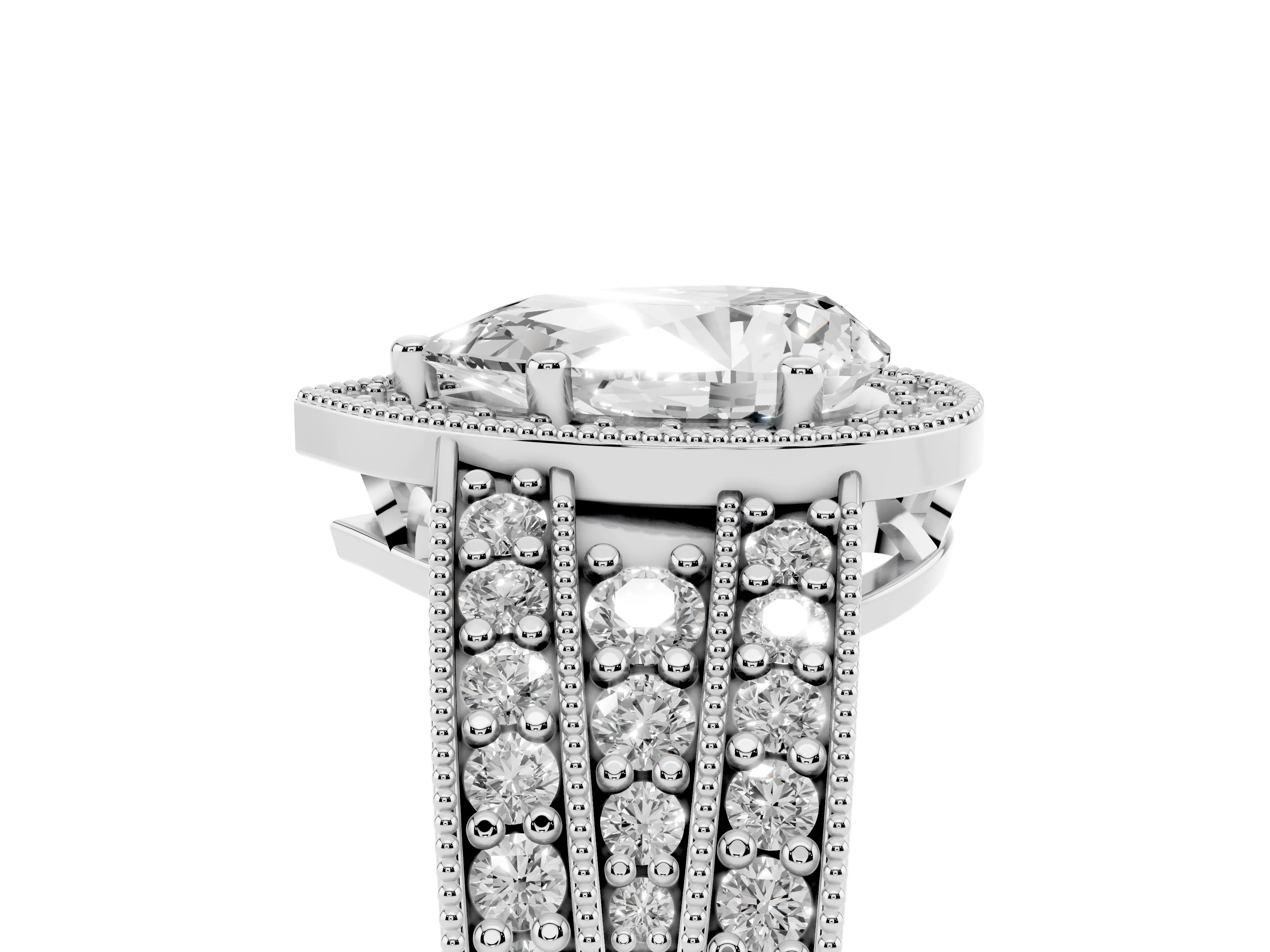 Pear Cut Diamond Halo Ring Set in Platinum with Accent Split Shank and Prong Setting