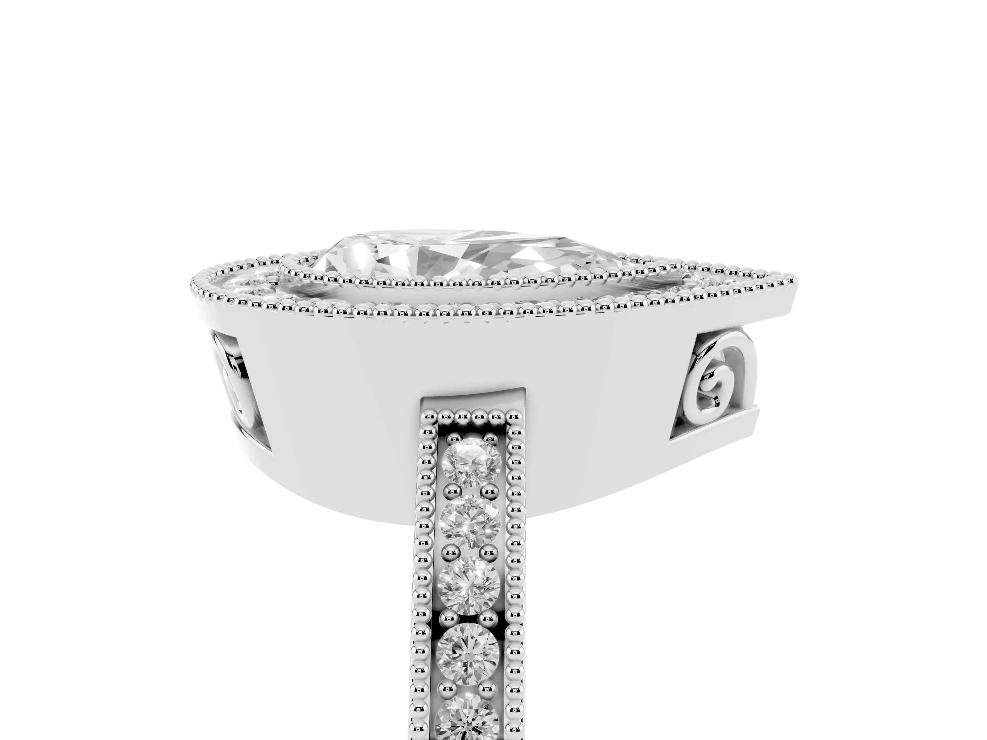 Pear Cut Diamond Halo Ring Set in Platinum with Pavé Band and Milgrain-Edged Prongs