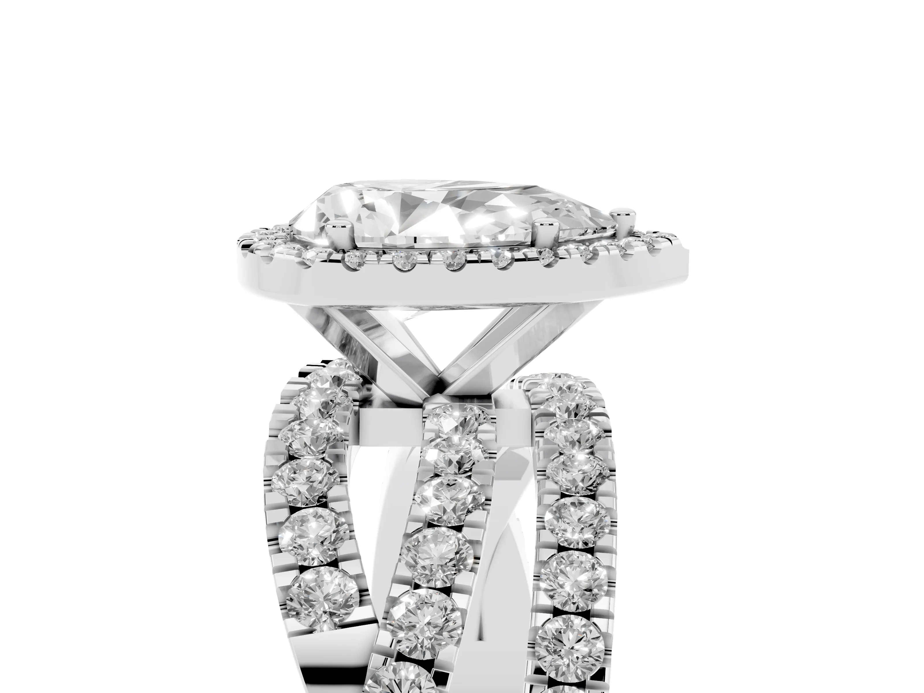 Pear Cut Diamond Halo Ring Set in Platinum with Round Crossover Split Shank and Prong Setting