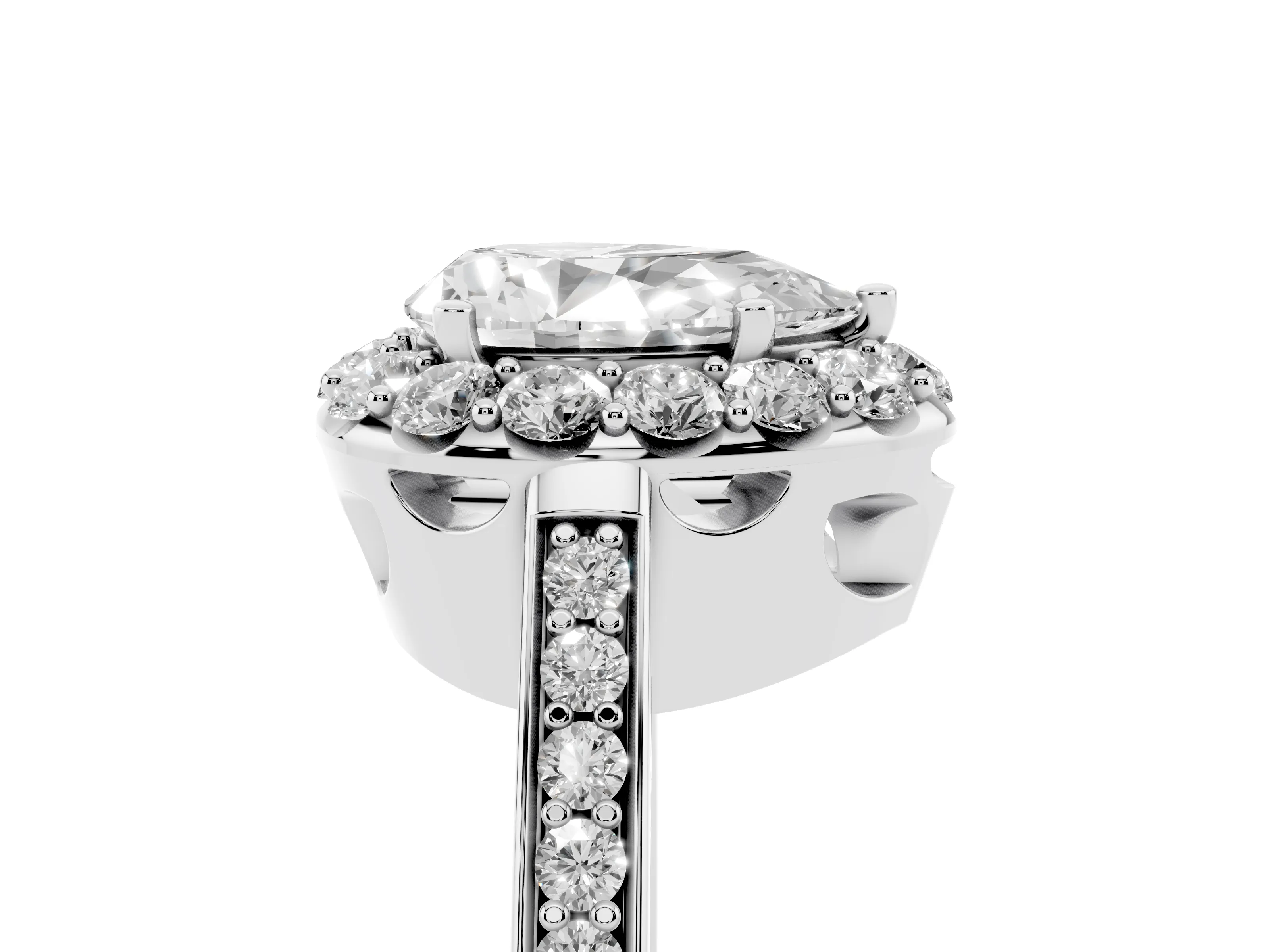 Pear Cut Diamond Floral Halo Ring Set in White gold with Pavé Band and Prong Setting