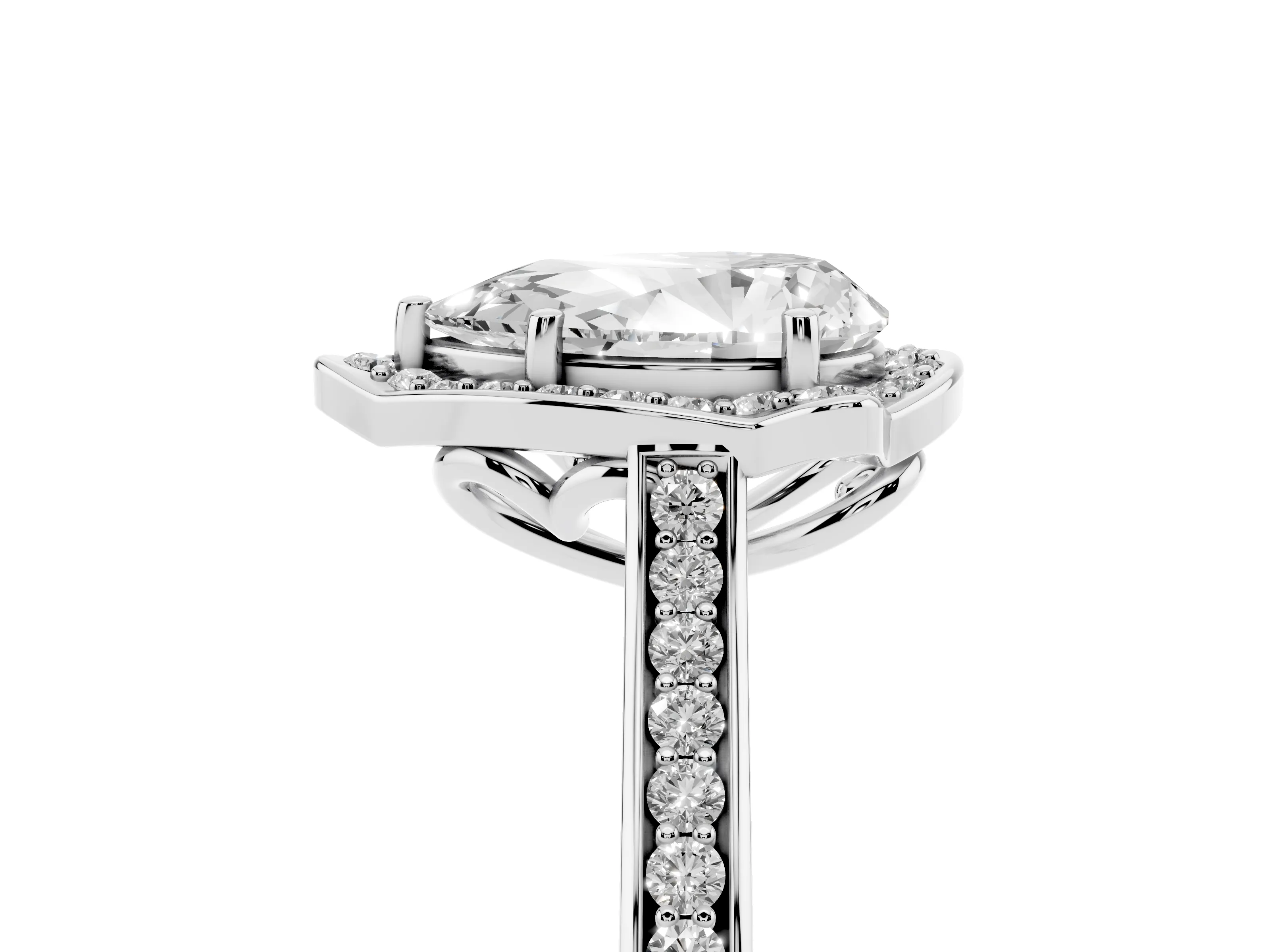 Pear Cut Diamond Halo Ring Set in Platinum with Pavé-Lined Shoulders and Prong Setting