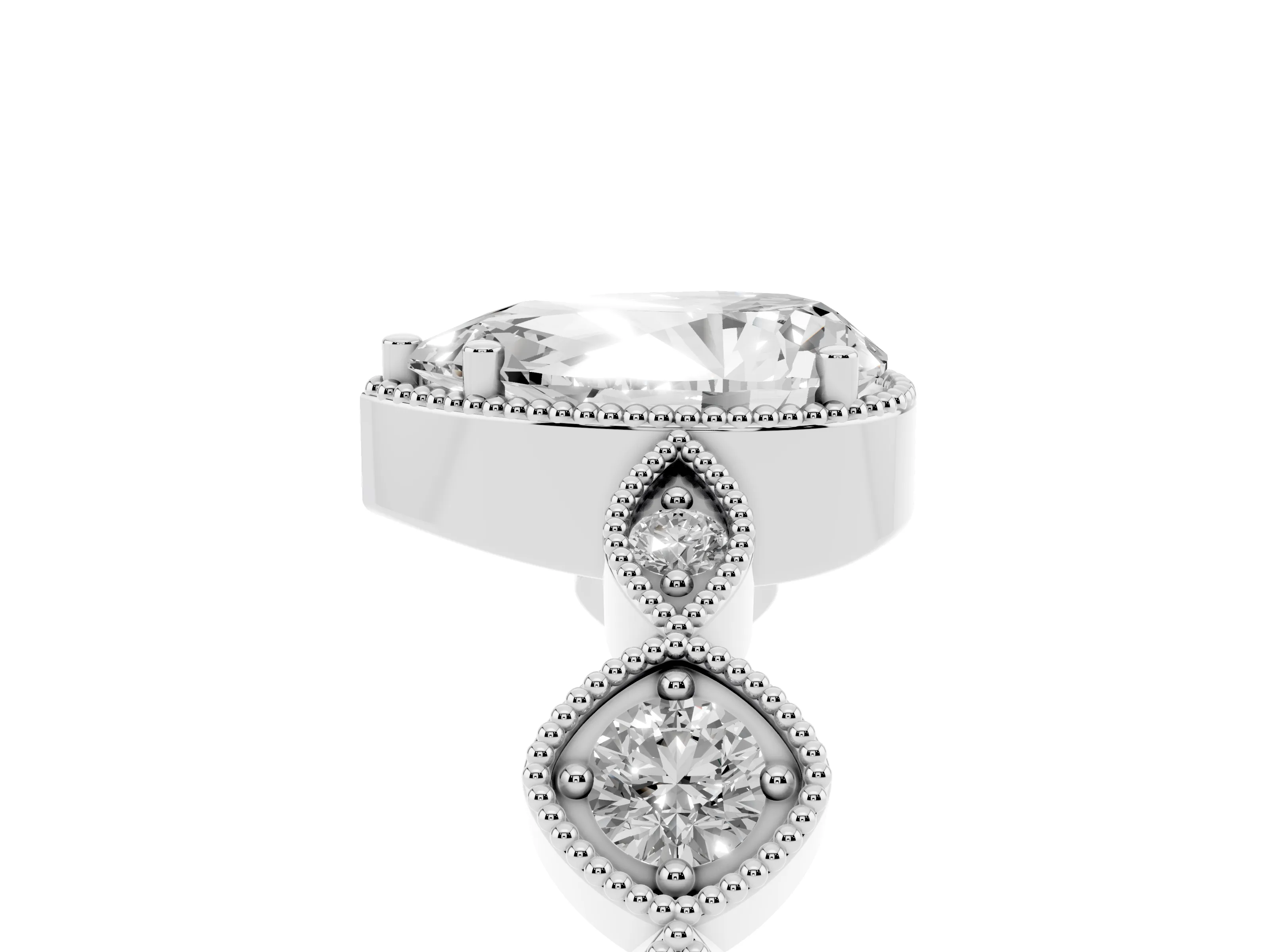 Pear Cut Diamond Vintage-Inspired Milgrain Ring Set in Platinum with Marquise Stations of Round Accents