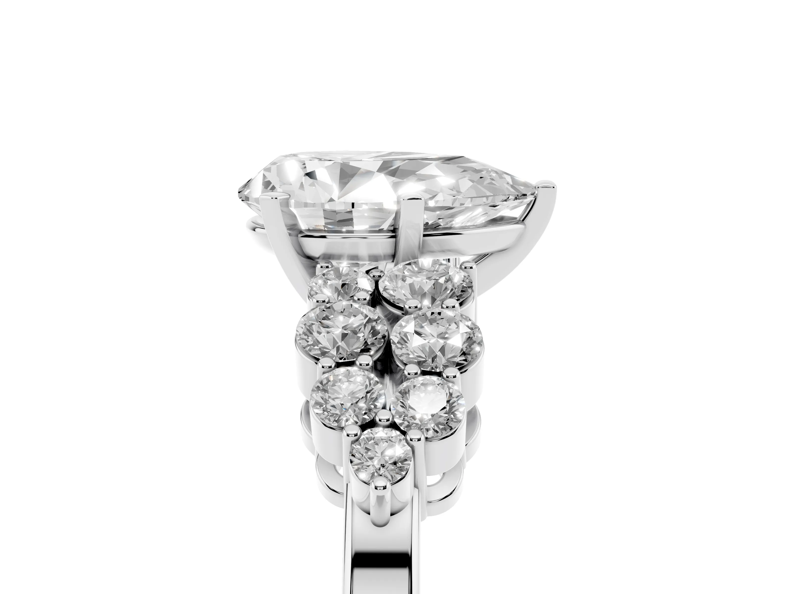 Pear Cut Diamond Cluster Engagement Ring Set in Silver with Pavé Band and Prong Setting