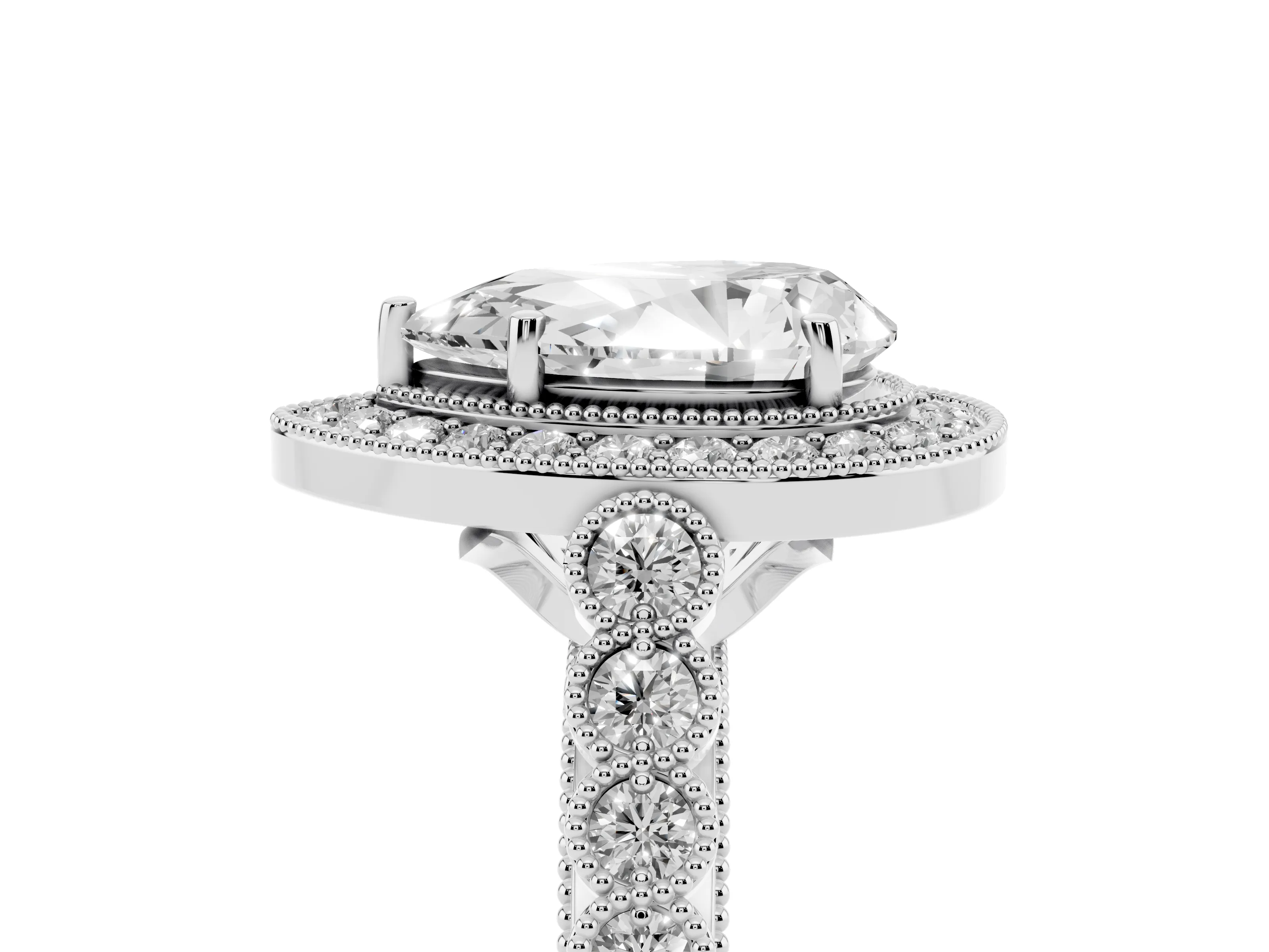 Pear Cut Diamond Milgrain Halo Solitaire Ring Set in White gold with Bezel Set Side Stones and Pavé Band