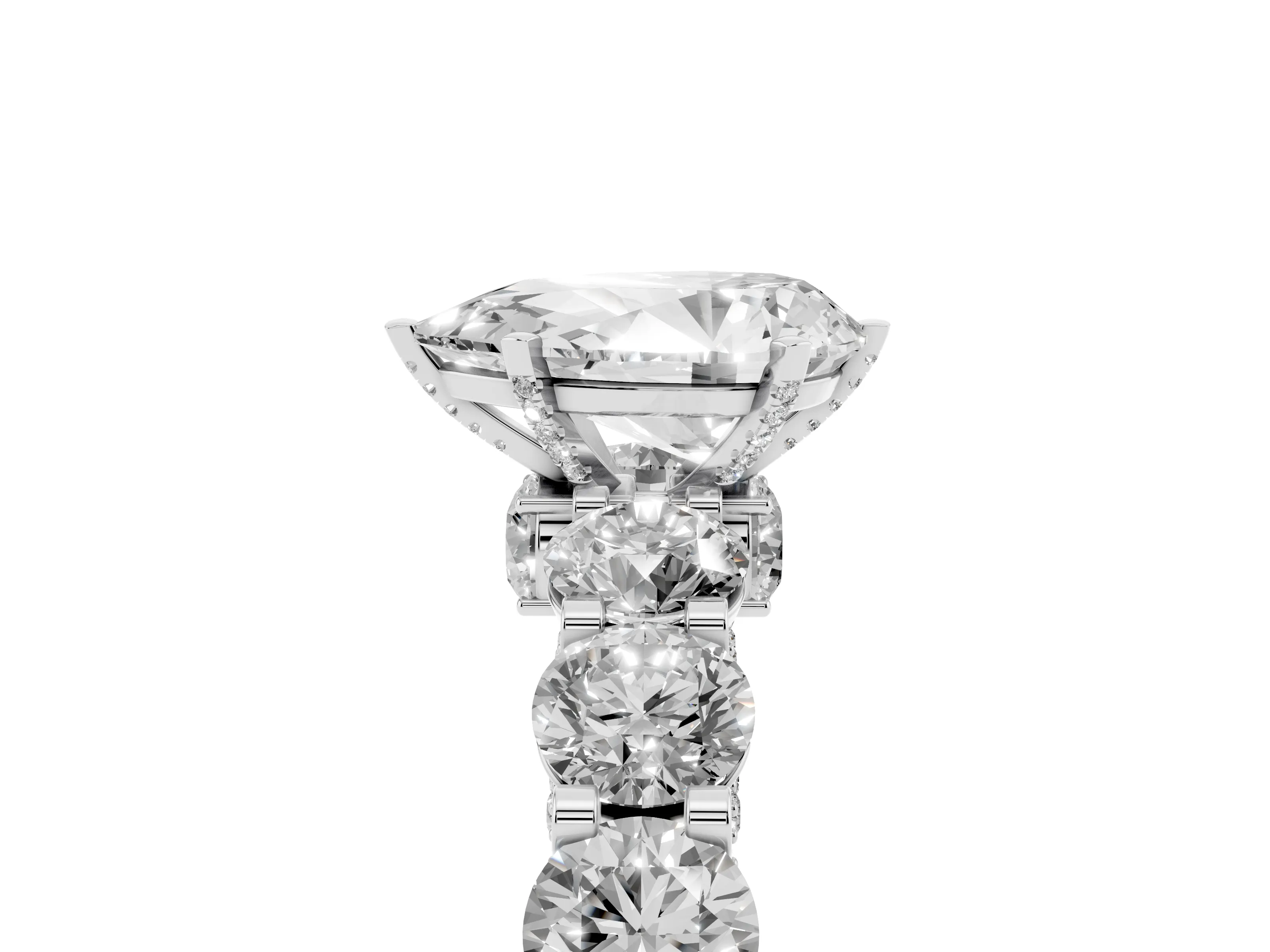 Pear Cut Diamond Side Stone Ring Set in White gold with Alternating Round and Oval Side Stones
