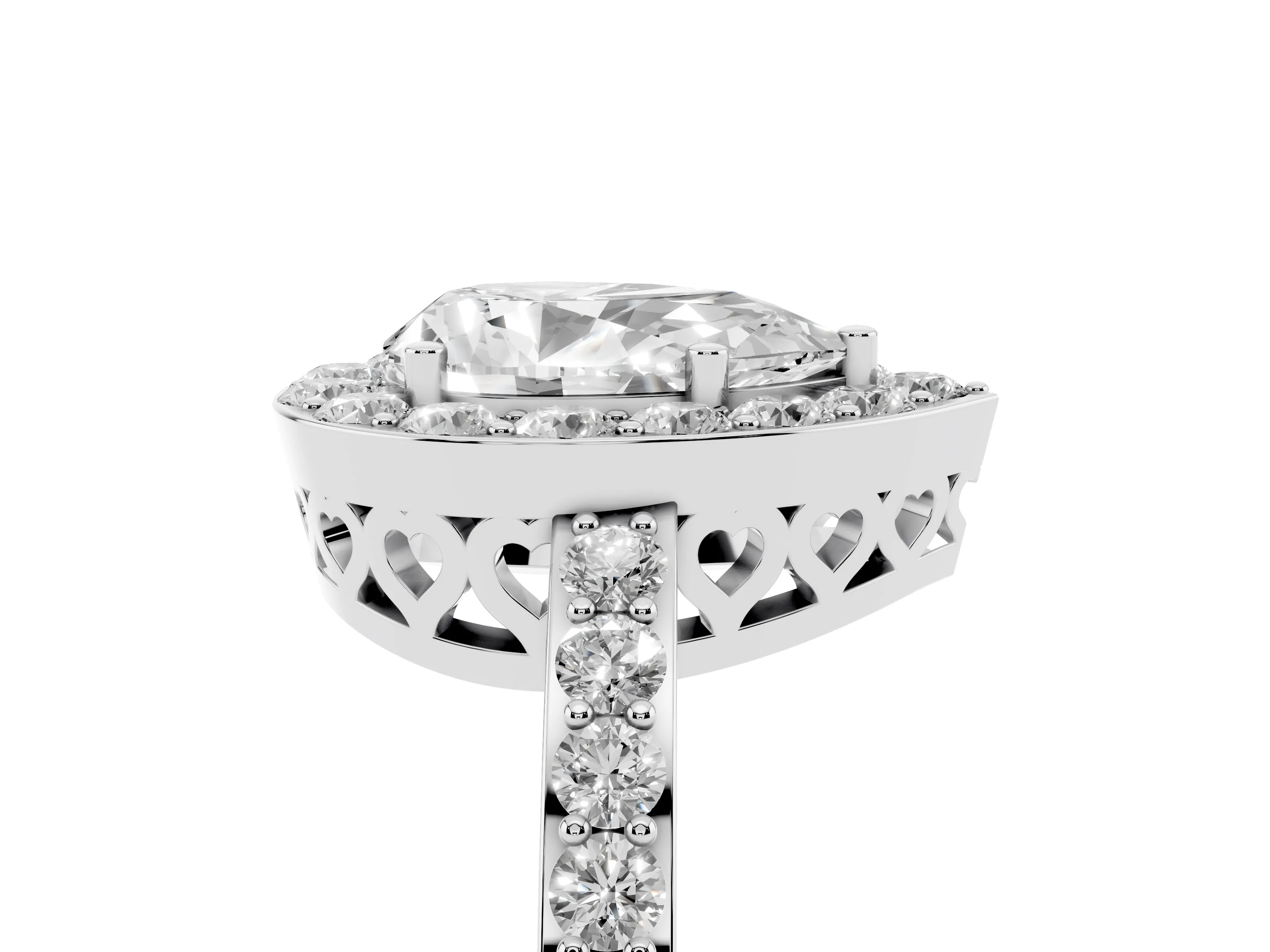 Pear Cut Diamond Halo Ring Set in Platinum with Pavé-Setting Band and Open Prong Center