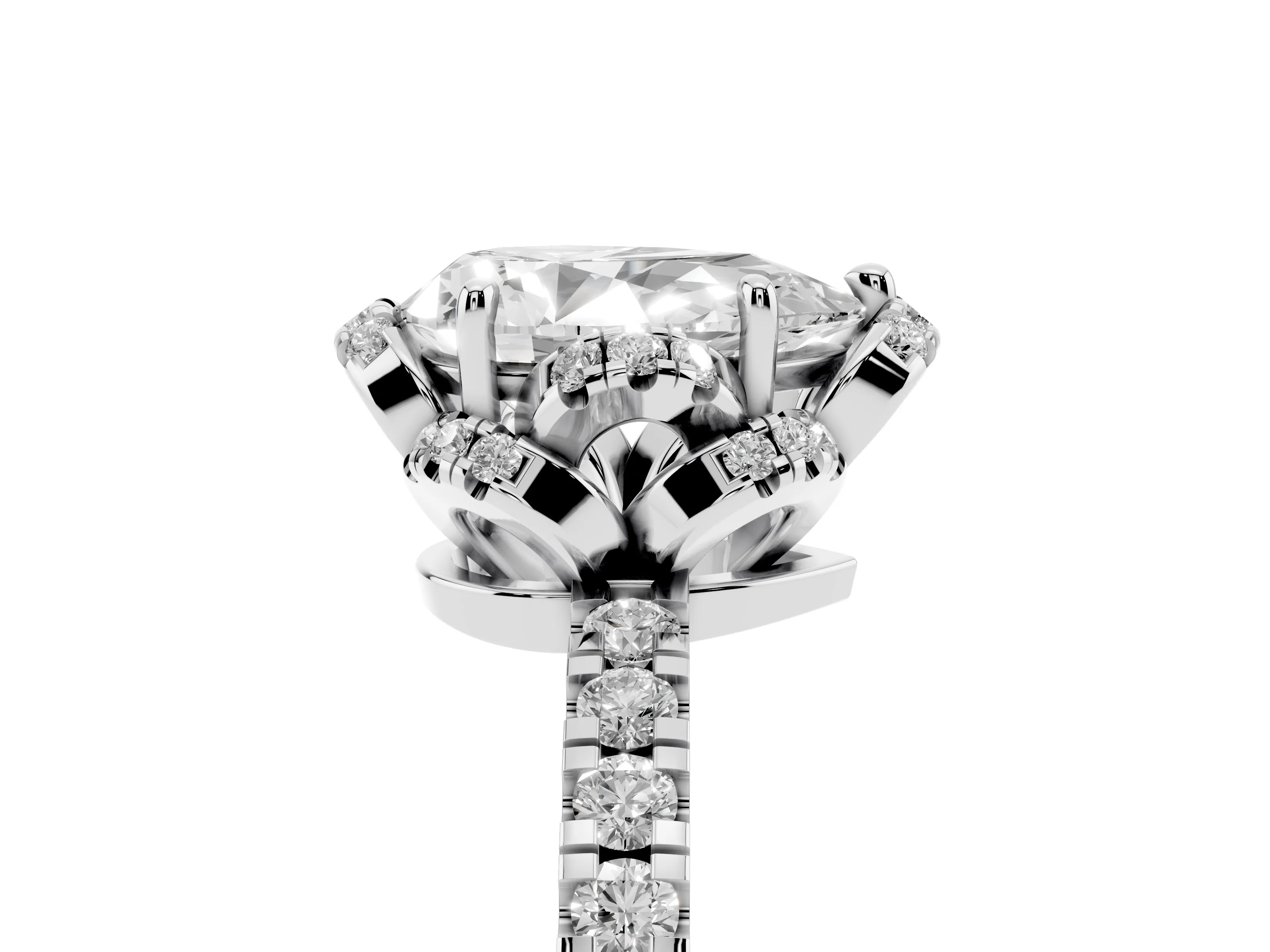 Pear Cut Diamond Halo Pavé Band Ring Set in Silver with Prong-Held Center