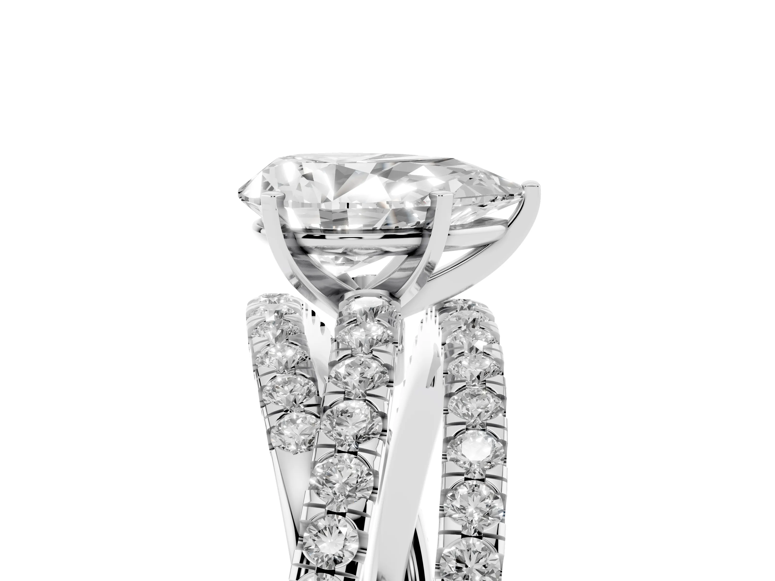 Pear Cut Diamond Solitaire Twist Band Ring Set in Silver with Pavé Setting and Prong Head