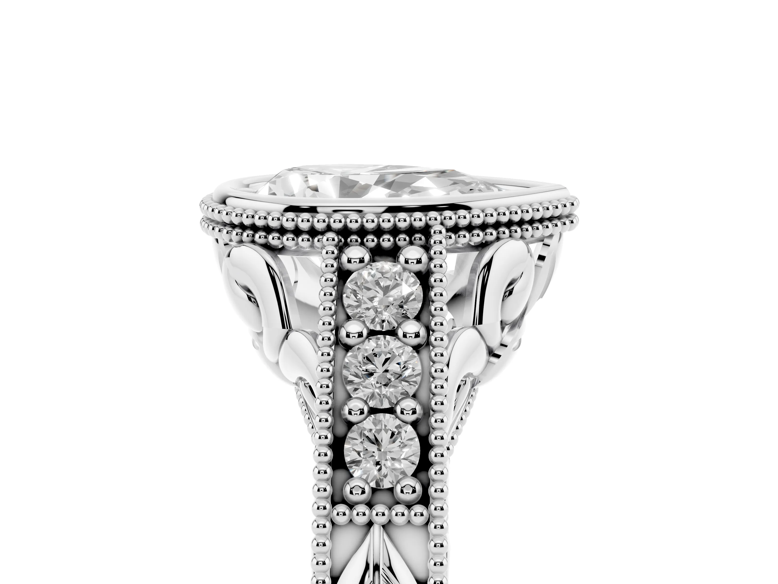 Bezel Set Pear Cut Diamond Milgrain Pavé Engagement Ring Set in Silver