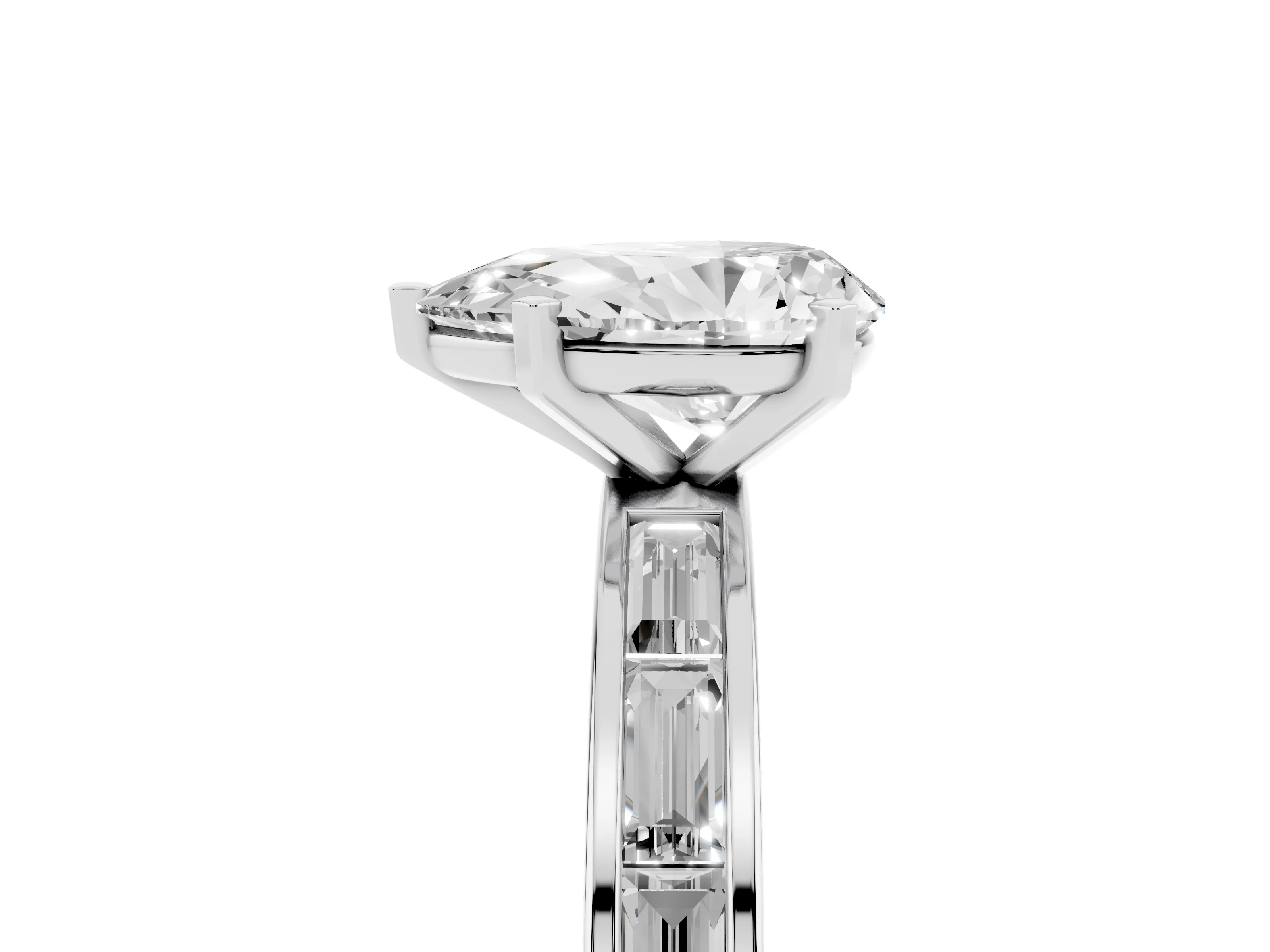 Pear Cut Diamond Solitaire Ring Set in Platinum with Channel-Set Baguette Band and Prong Setting