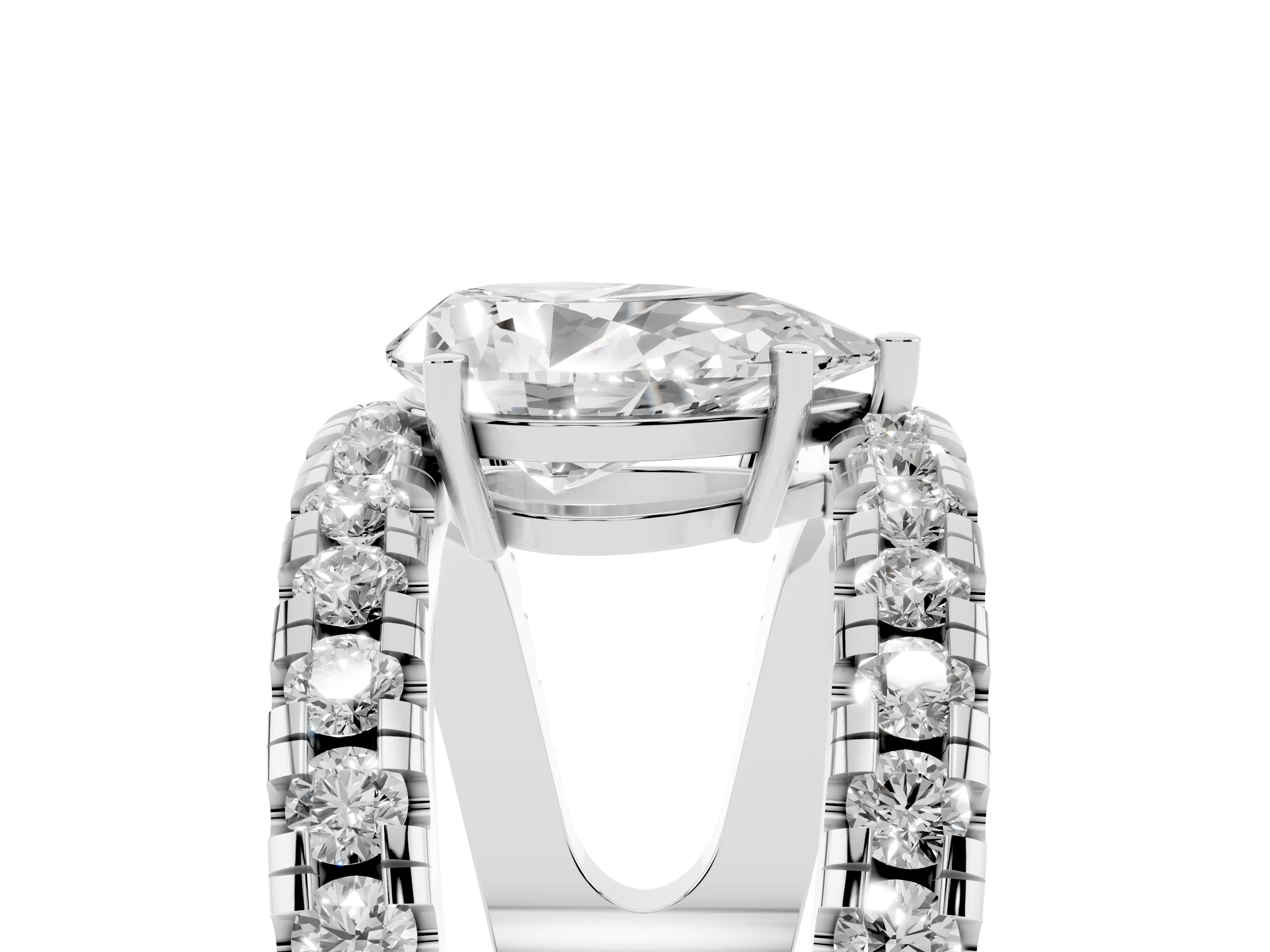 Pear Cut Diamond Split Shank Pavé Solitaire Ring Set in Silver with Open Shank Design