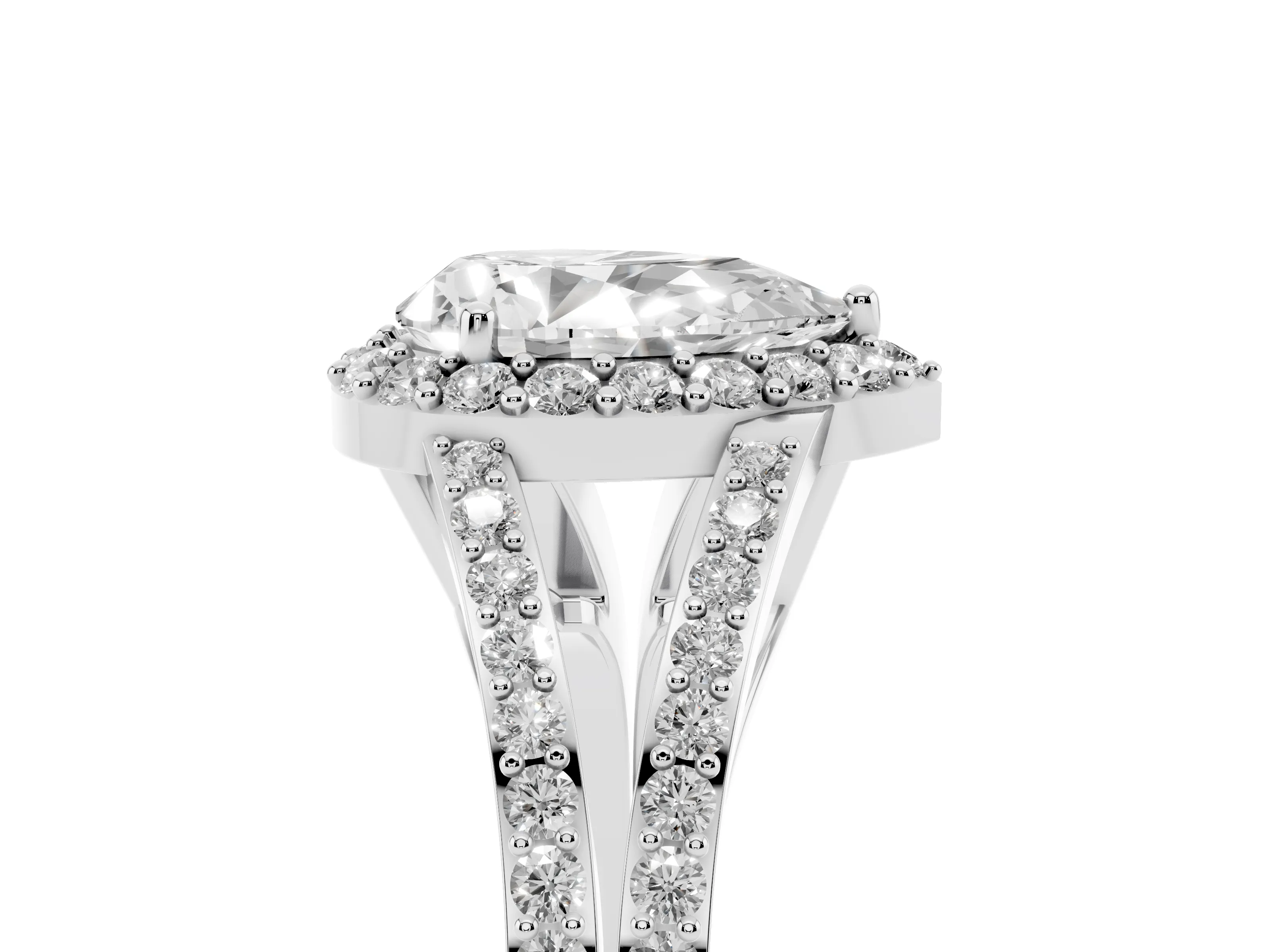 Pear Cut Diamond Halo Split Shank Pavé Ring Set in Silver with Prong Setting