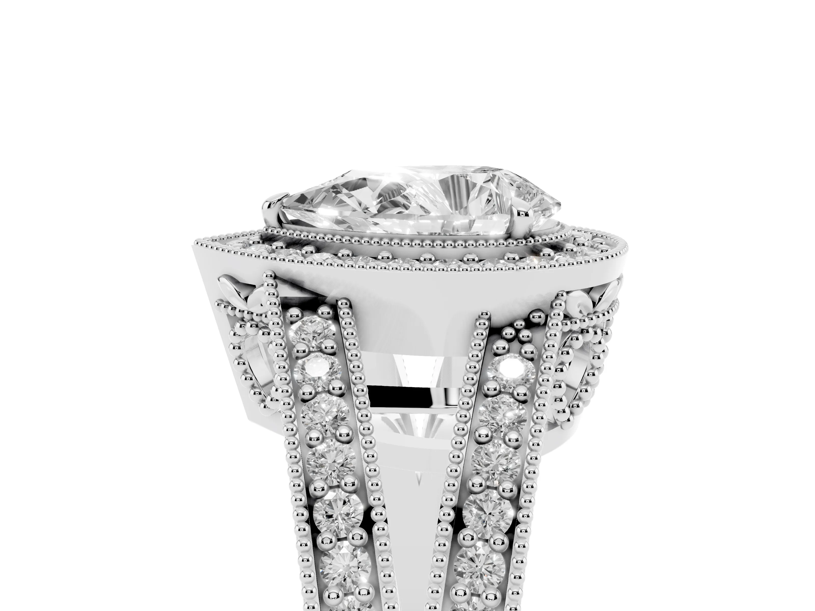 Pear Cut Diamond Halo Ring Set in White gold with Stone-Set Split Shank and Milgrain Edges