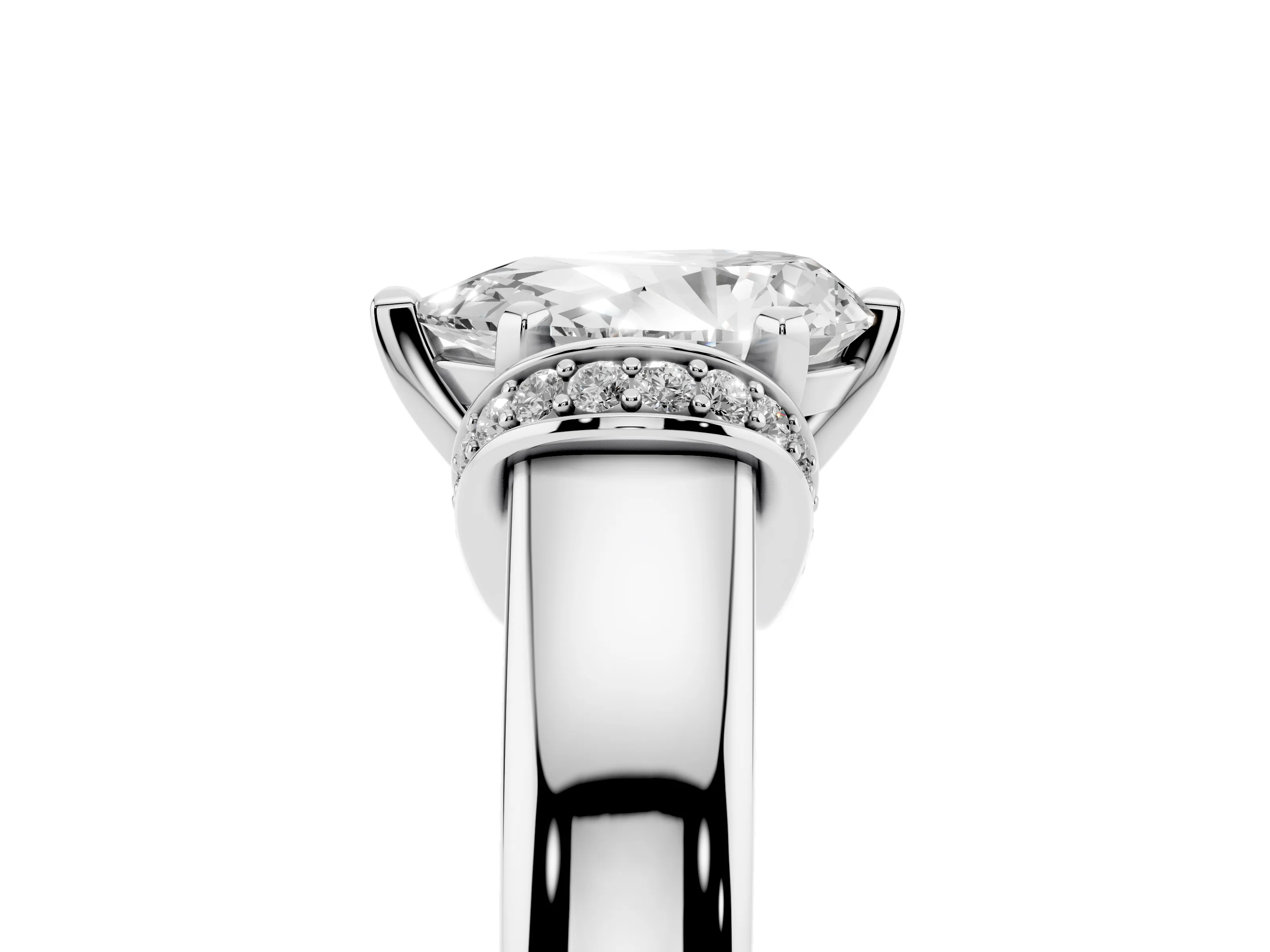 Pear Cut Diamond Pavé Band Solitaire Ring Set in Platinum with Prong Setting