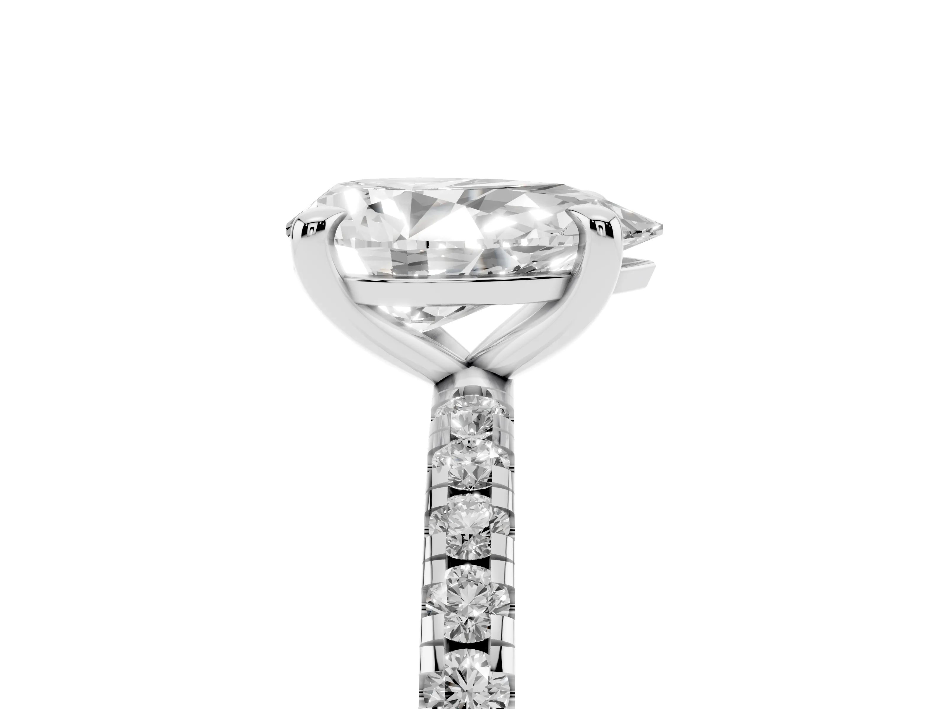 Pear Cut Diamond Brilliant Solitaire Ring Set in White gold with Pavé Band and Prong Setting