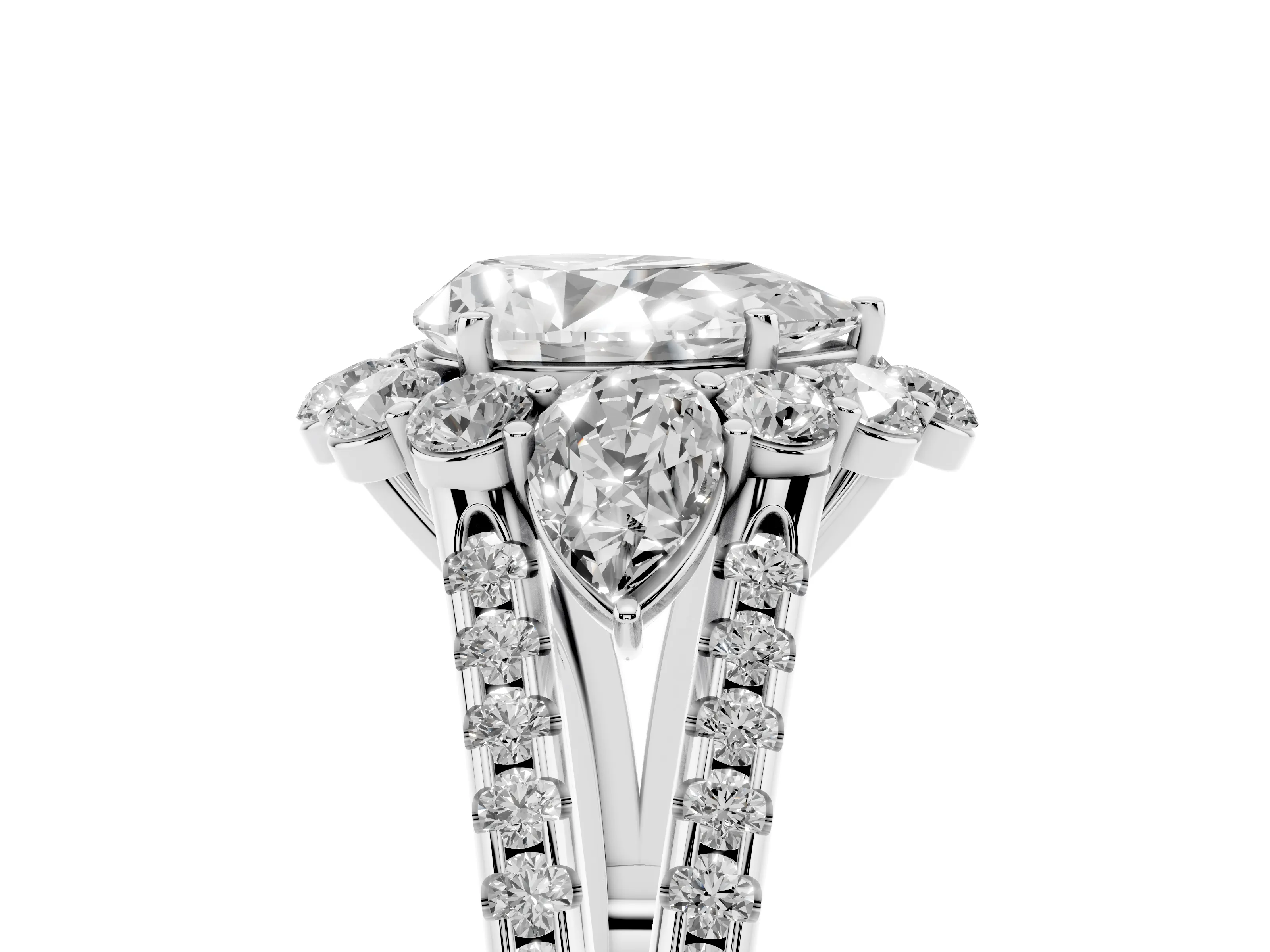 Pear Cut Diamond Halo Split Shank Engagement Ring Set in Platinum with Prong-Held Center Stone