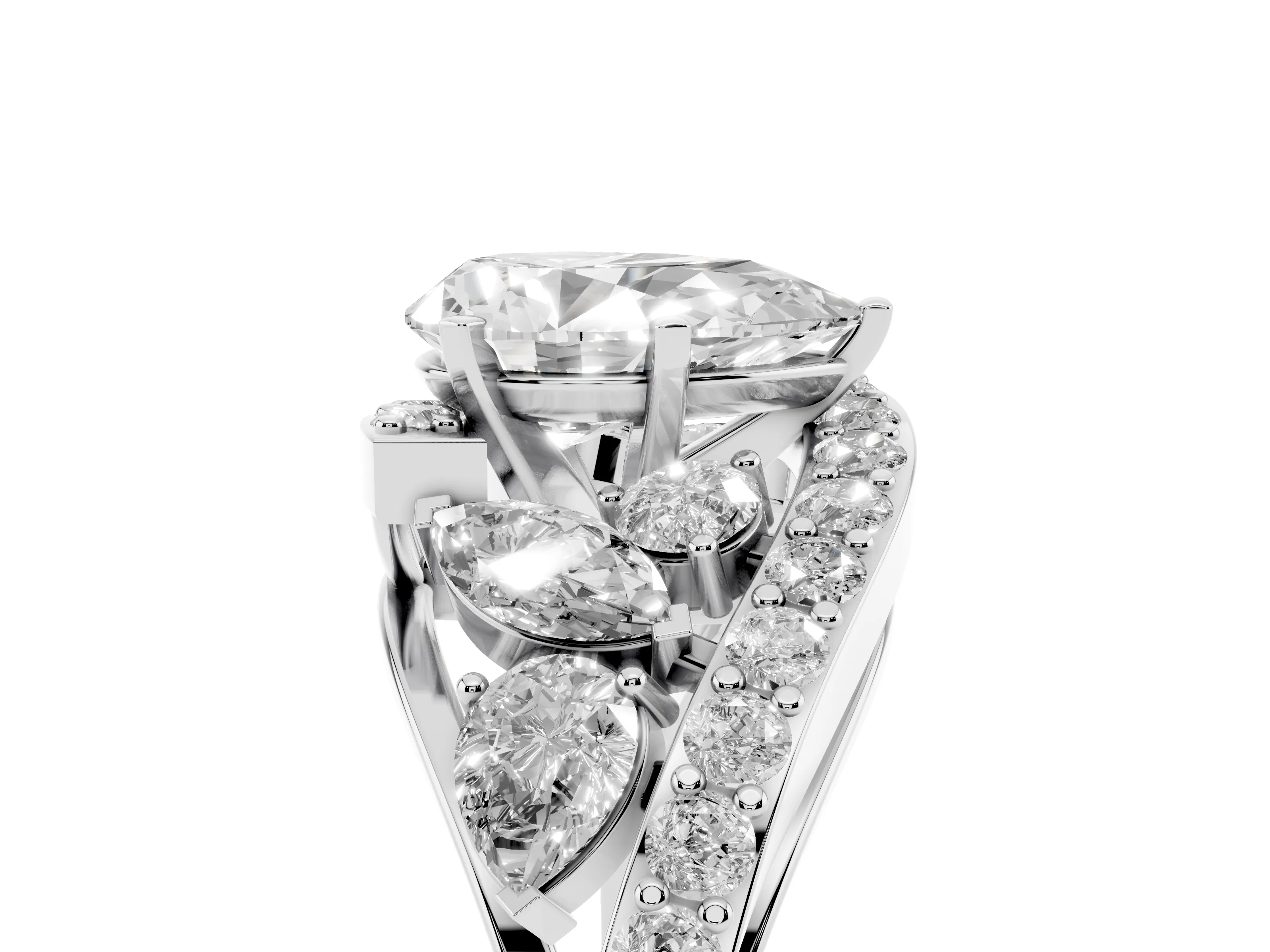 Pear Cut Diamond Halo Ring Set in Platinum with Marquise and Pavé Band in Prong Setting