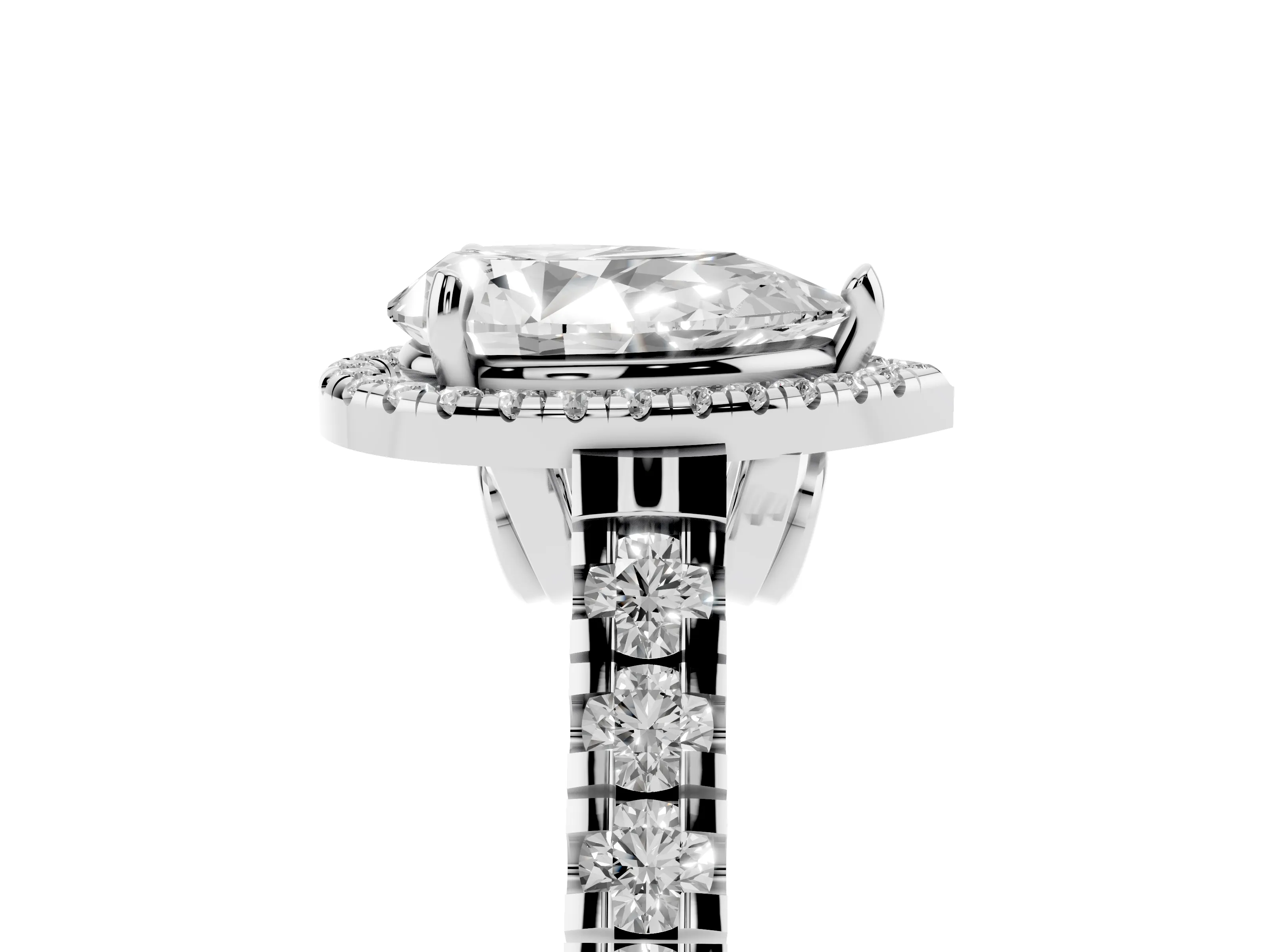 Pear Cut Diamond Halo Engagement Ring Set in White gold with Pavé Band and Prong-Set Center