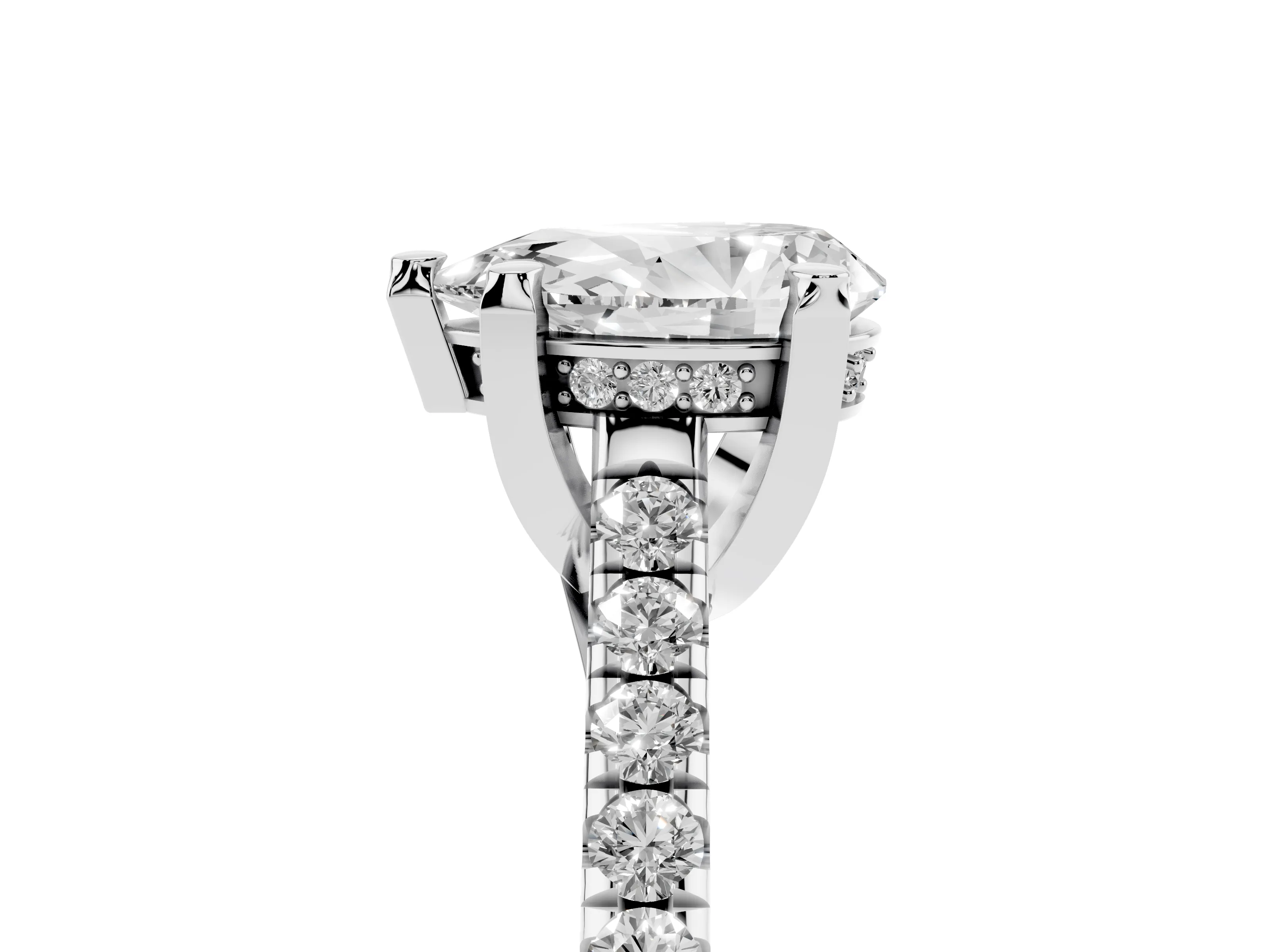 Pear Cut Diamond Solitaire Ring Set in Platinum with Brilliant Pavé Band and Prong Setting
