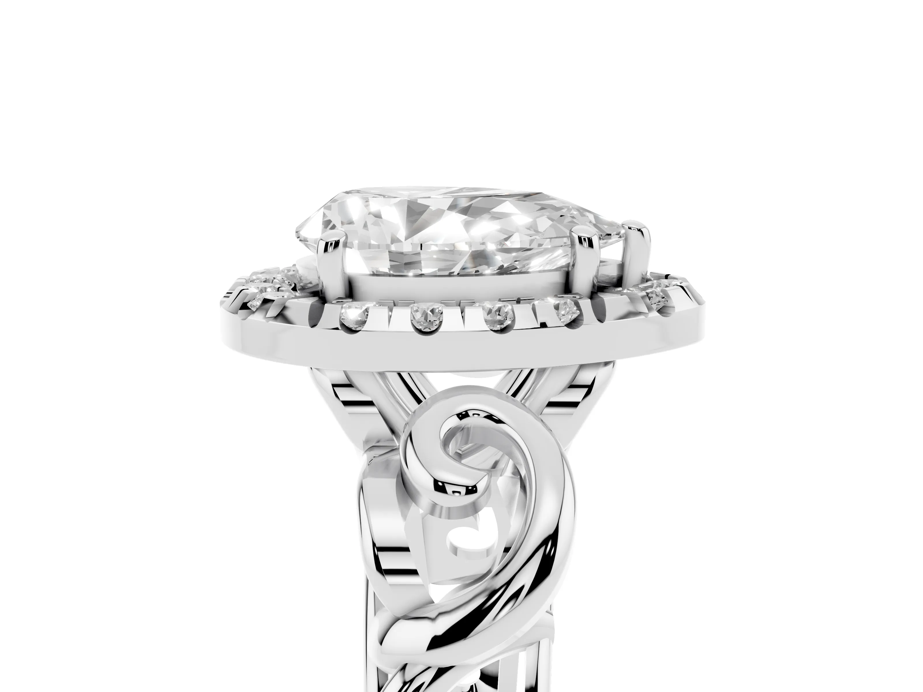 Pear Cut Diamond Halo Ring Set in Platinum with Scrollwork Band and Prong Setting