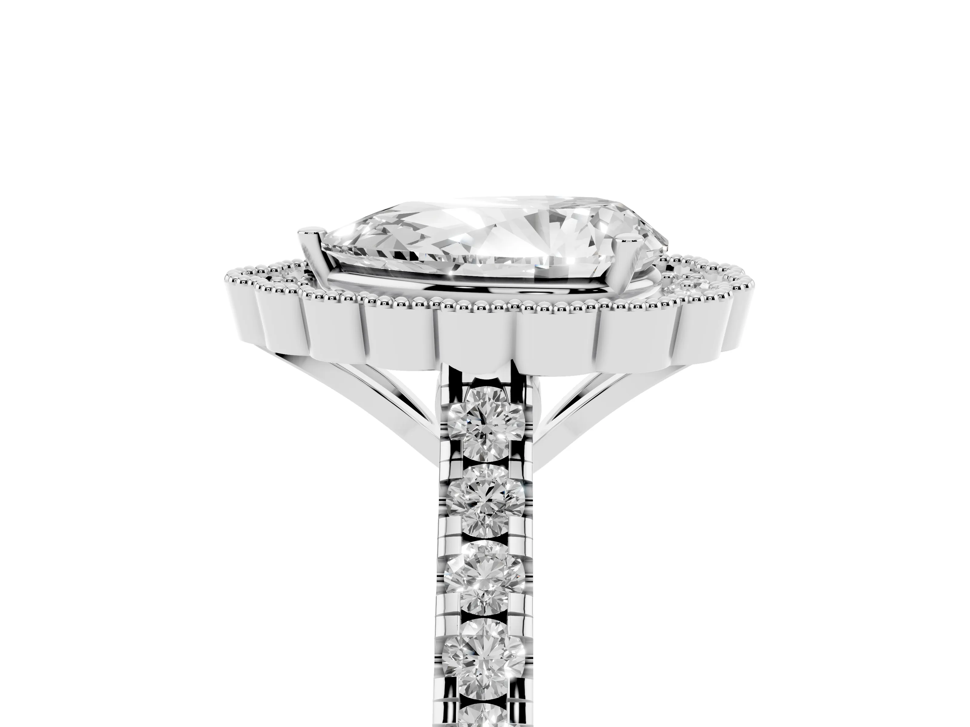 Pear Cut Diamond Milgrain Floral Halo Engagement Ring Set in White gold with Pavé Band