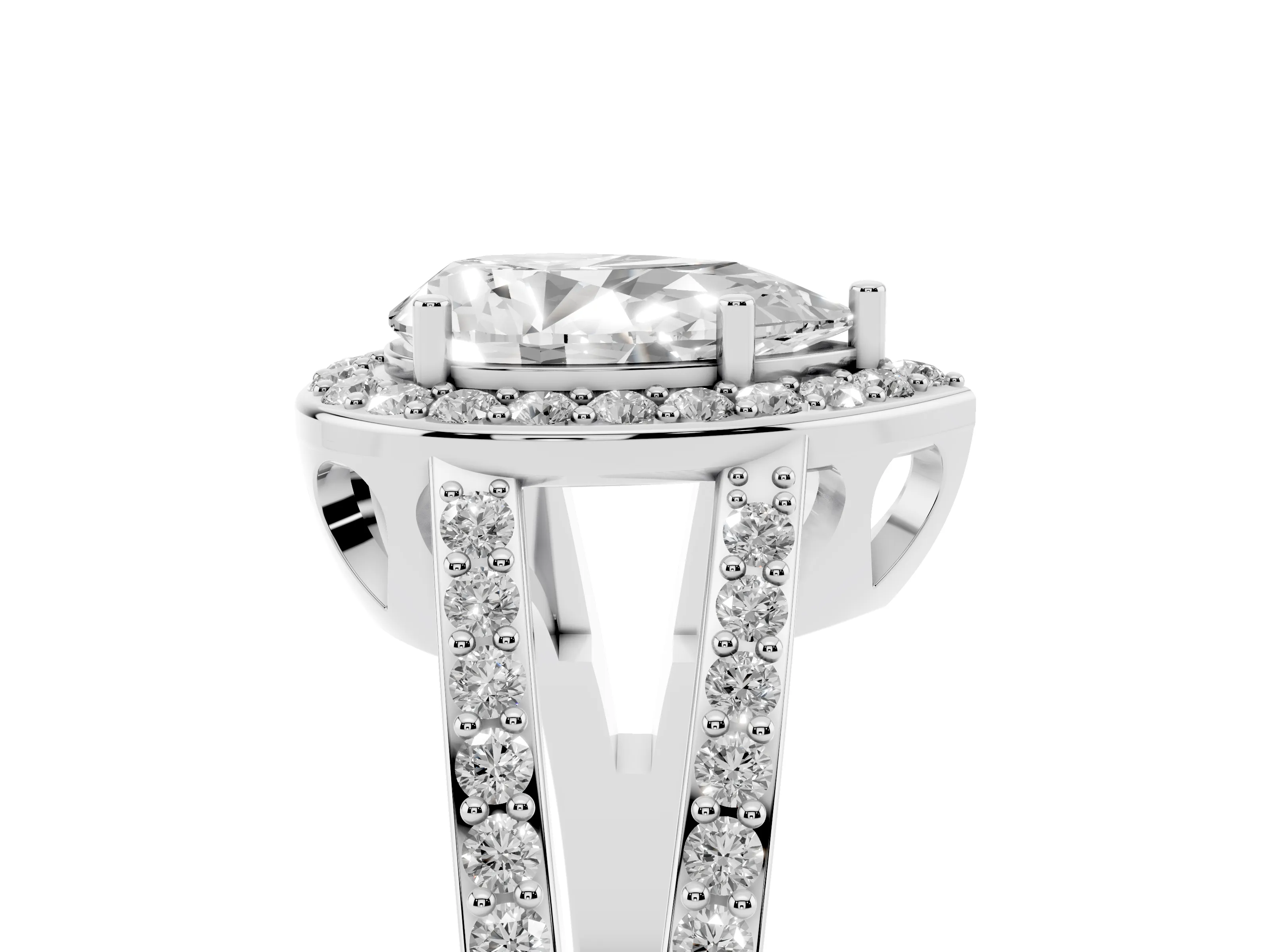 Pear Cut Diamond Halo Ring Set in White gold with U-Prong Split Shank and Prong Setting