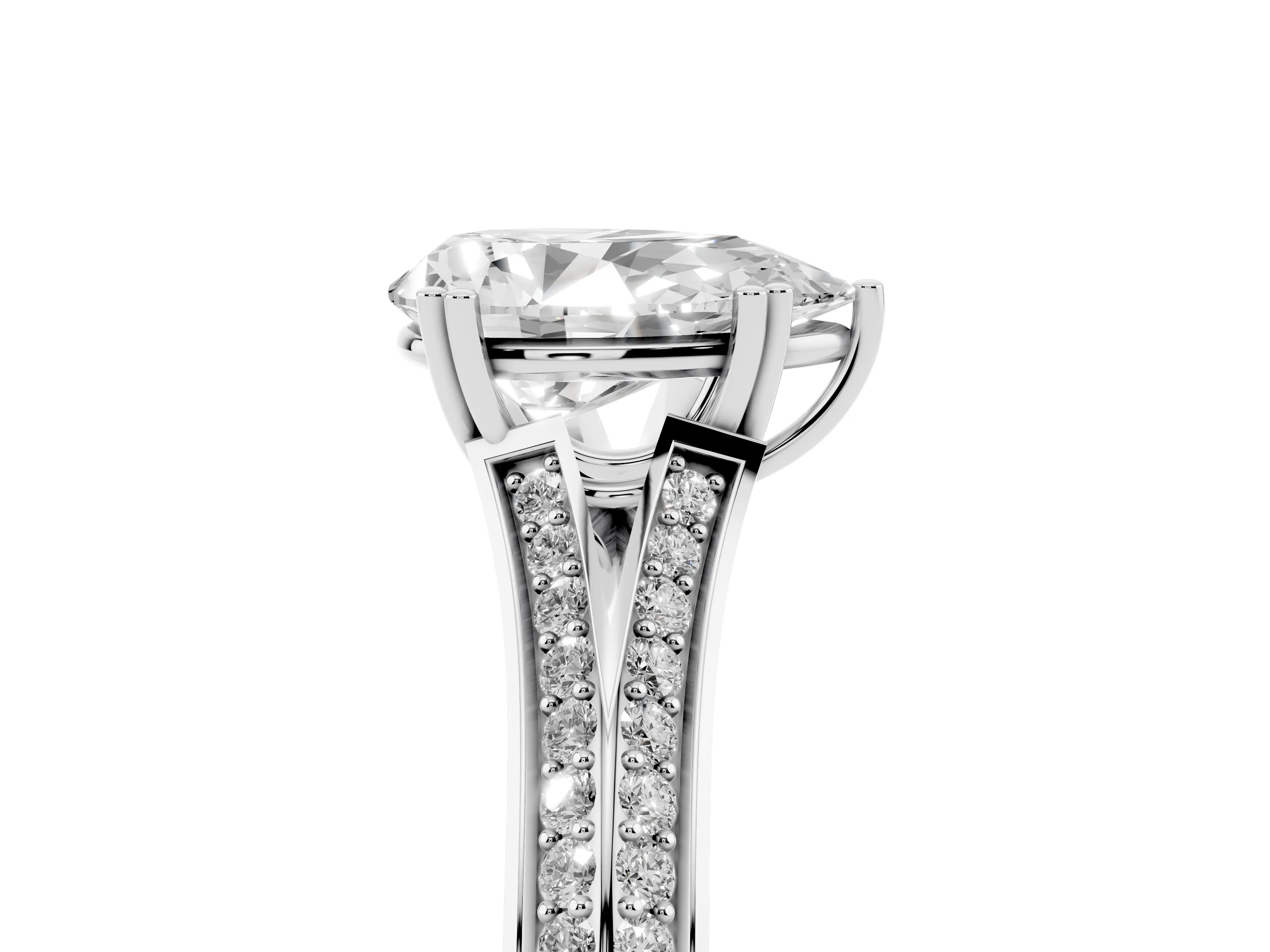 Pear Cut Diamond Split Shank Pavé Engagement Ring Set in Silver with Prong-Set Center Stone